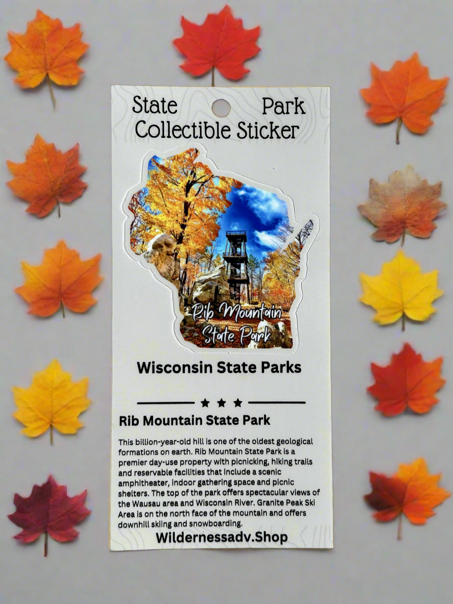 Wisconsin shaped sticker depicting the observation tower at Rib Mountain State Park and the trees in fall leaf color.