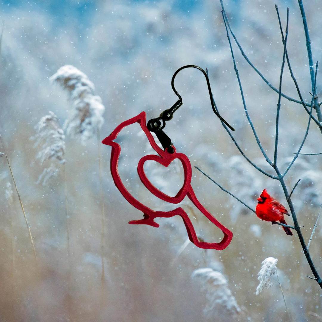 Cardinal earring. Background tall grass and red cardinal on a branch.