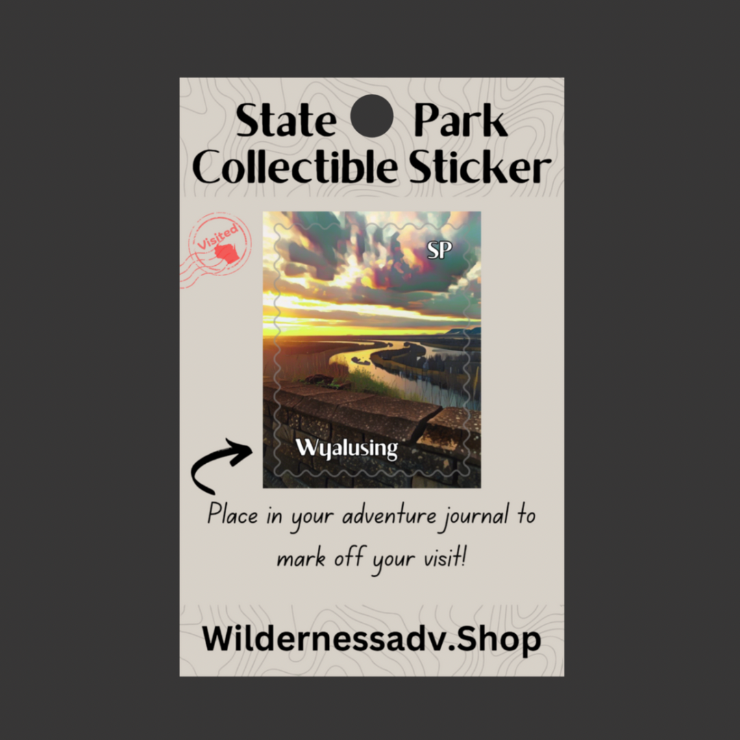 Sticker for Wisconsin State Park Adventure Journal depicting a vivid sunset above a river from a bluff top overlook.
