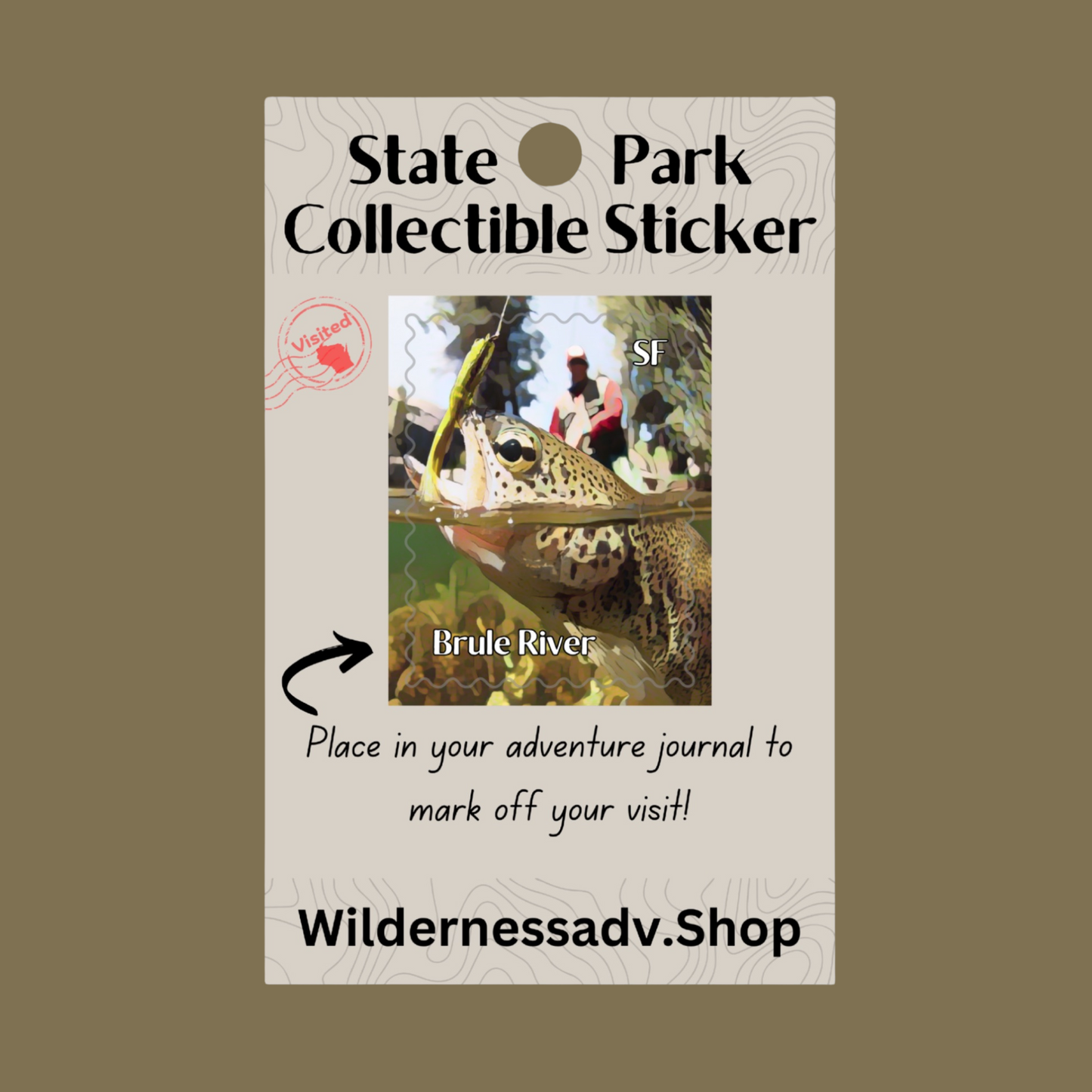Sticker for Wisconsin State Park Adventure Journal depicting a trout fisherman catching a trout in a river.
