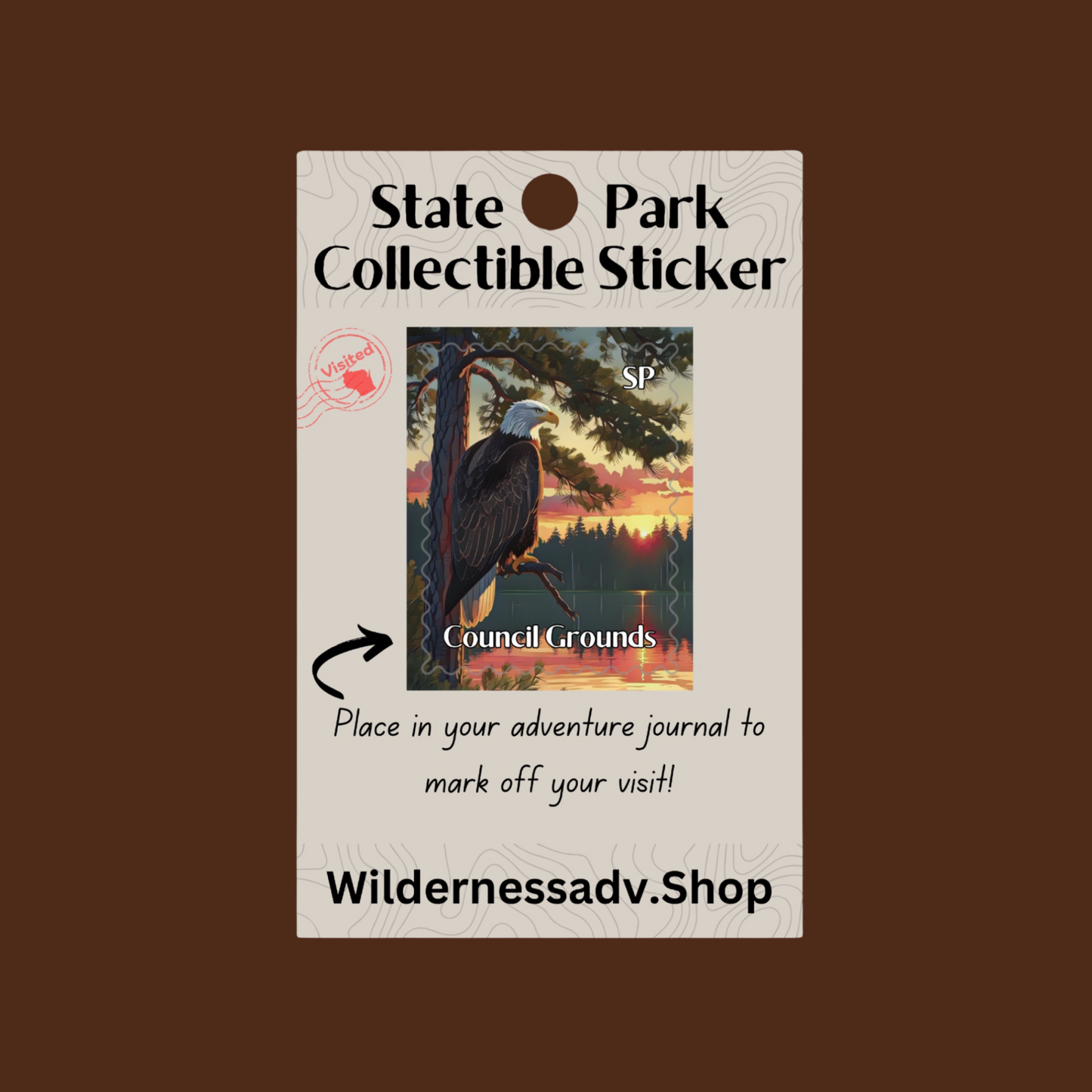 Sticker for Wisconsin State Park Adventure Journal depicting a majestic perched eagle overlooking a calm river surrounded by trees at sunset from a white pine.