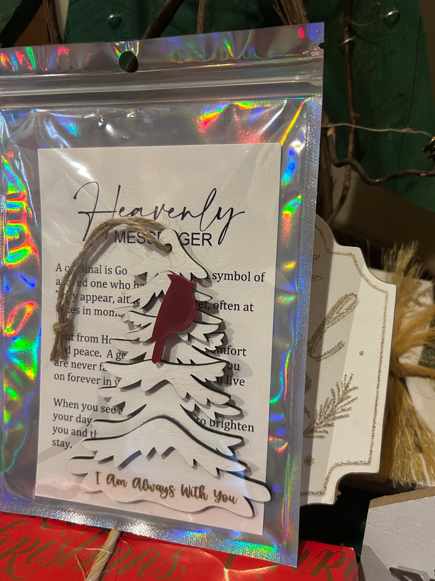 Cardinal tree ornament in holographic packaging with message card.
