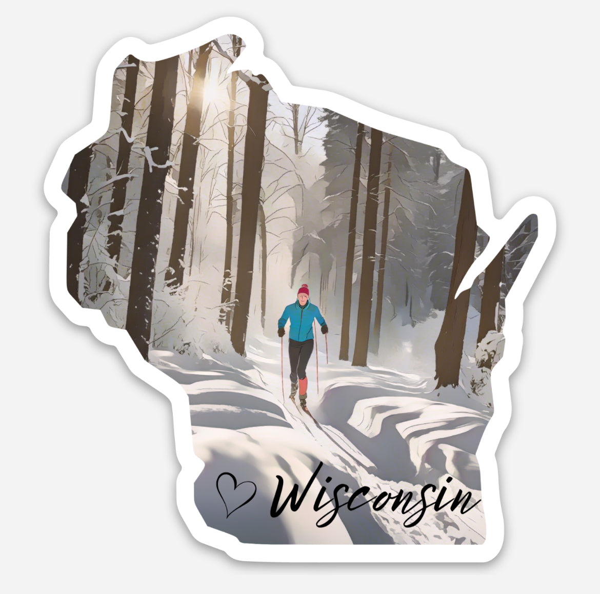 Wisconsin shaped sticker depicting a skier skiing through a snowy forest.