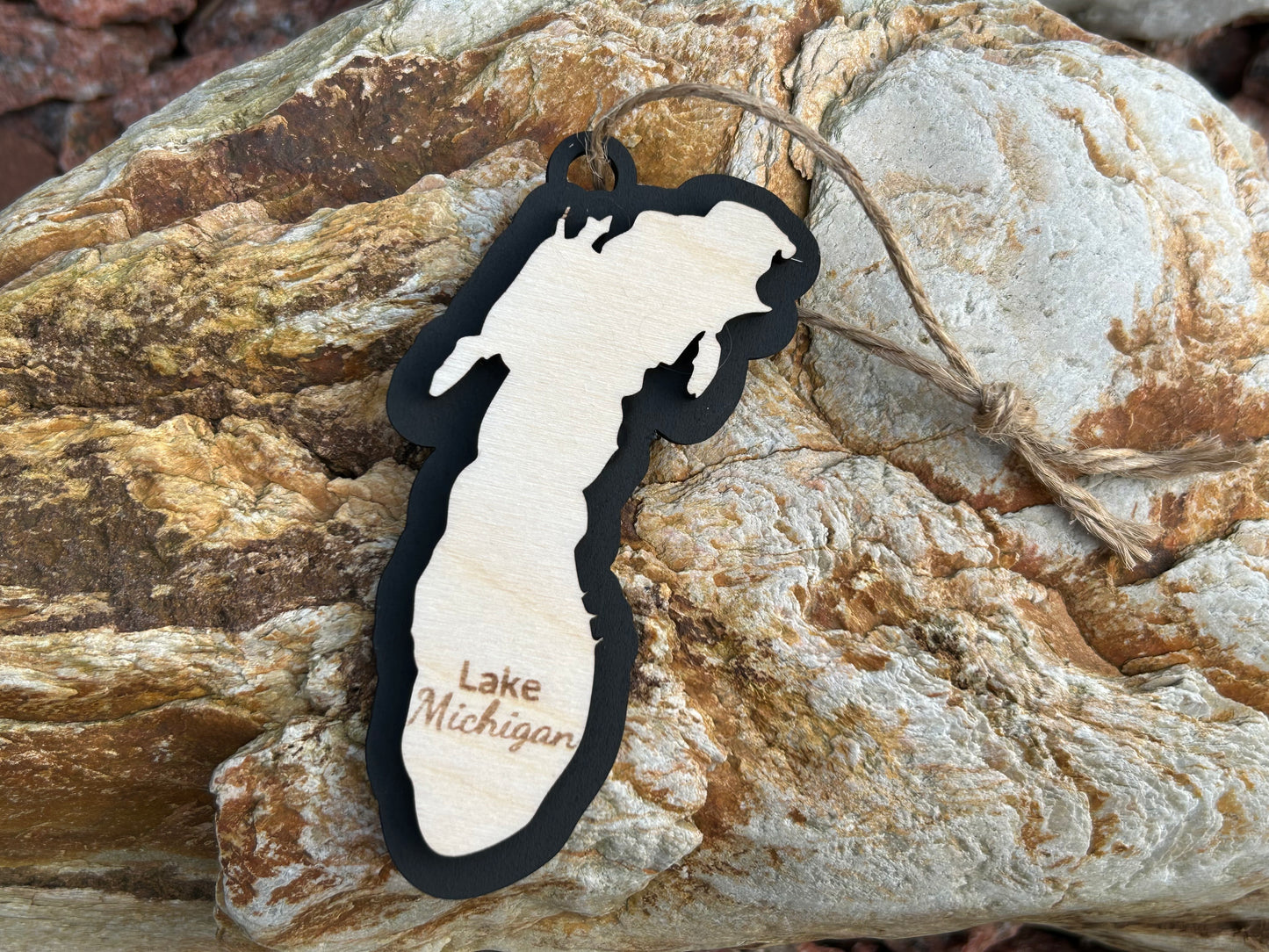 Lake Michigan Shaped ornament with black background and the text "Lake Michigan".