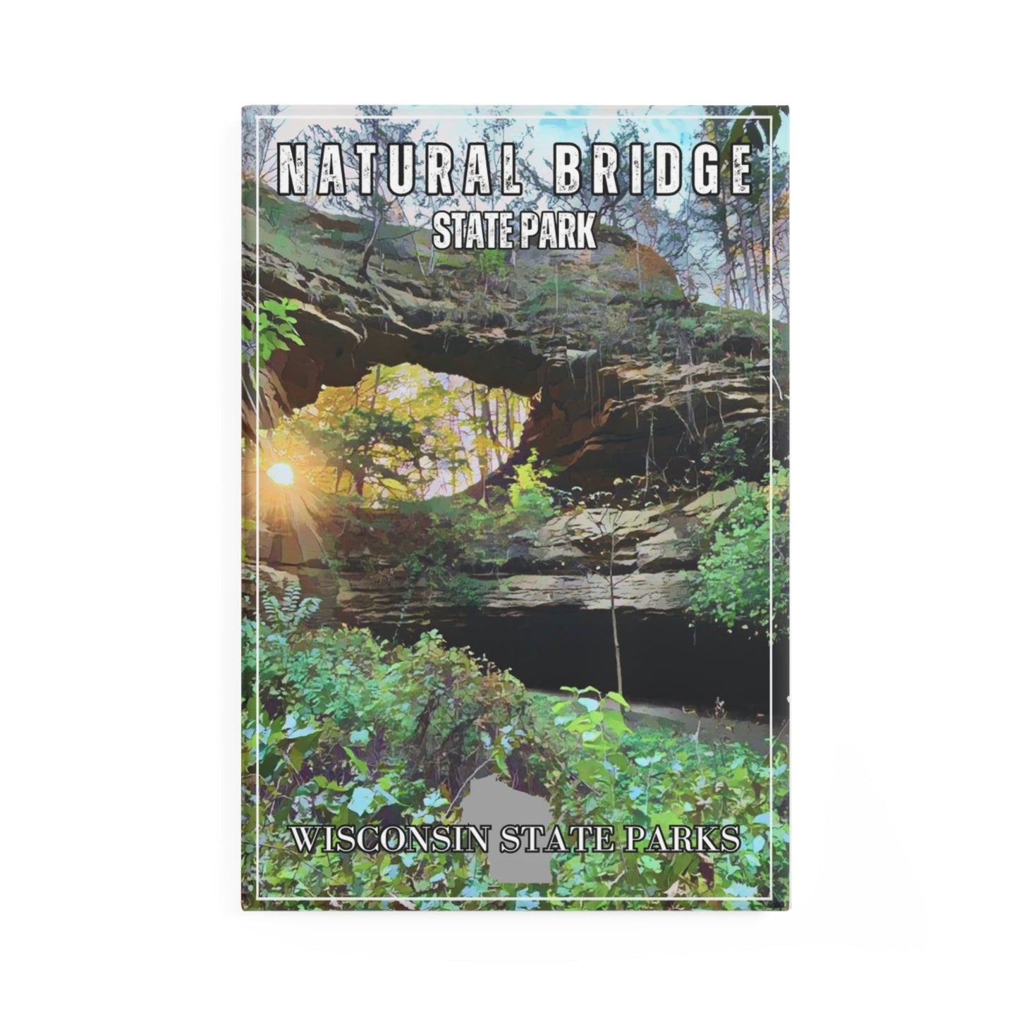 CCC inspired magnet depicting the sun shining through a Natural Bridge.