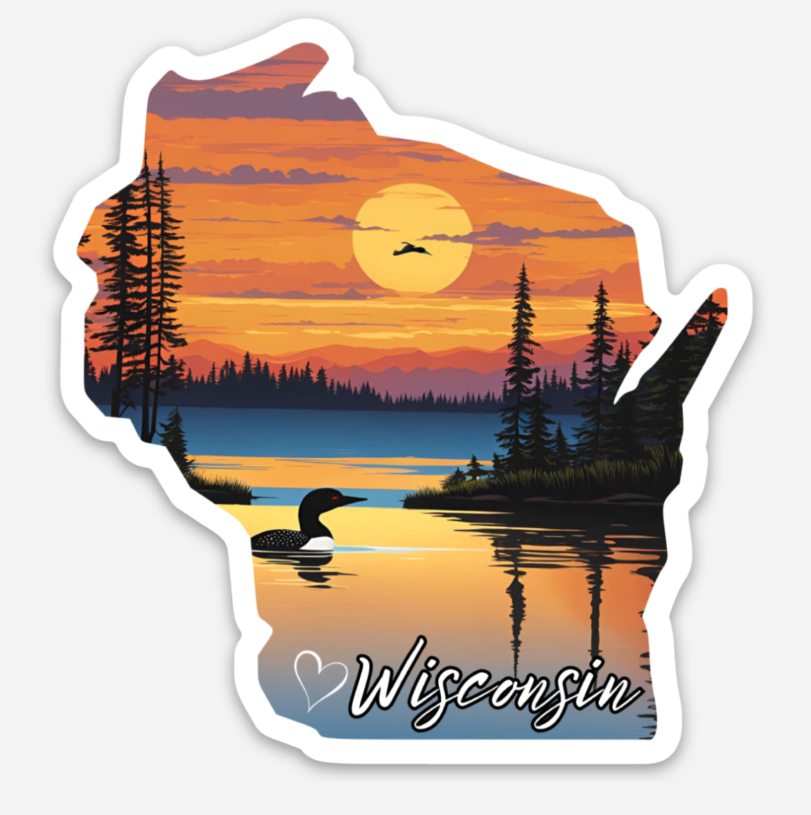 Wisconsin shaped sticker depicting a sunset lake picture with a loon swimming.