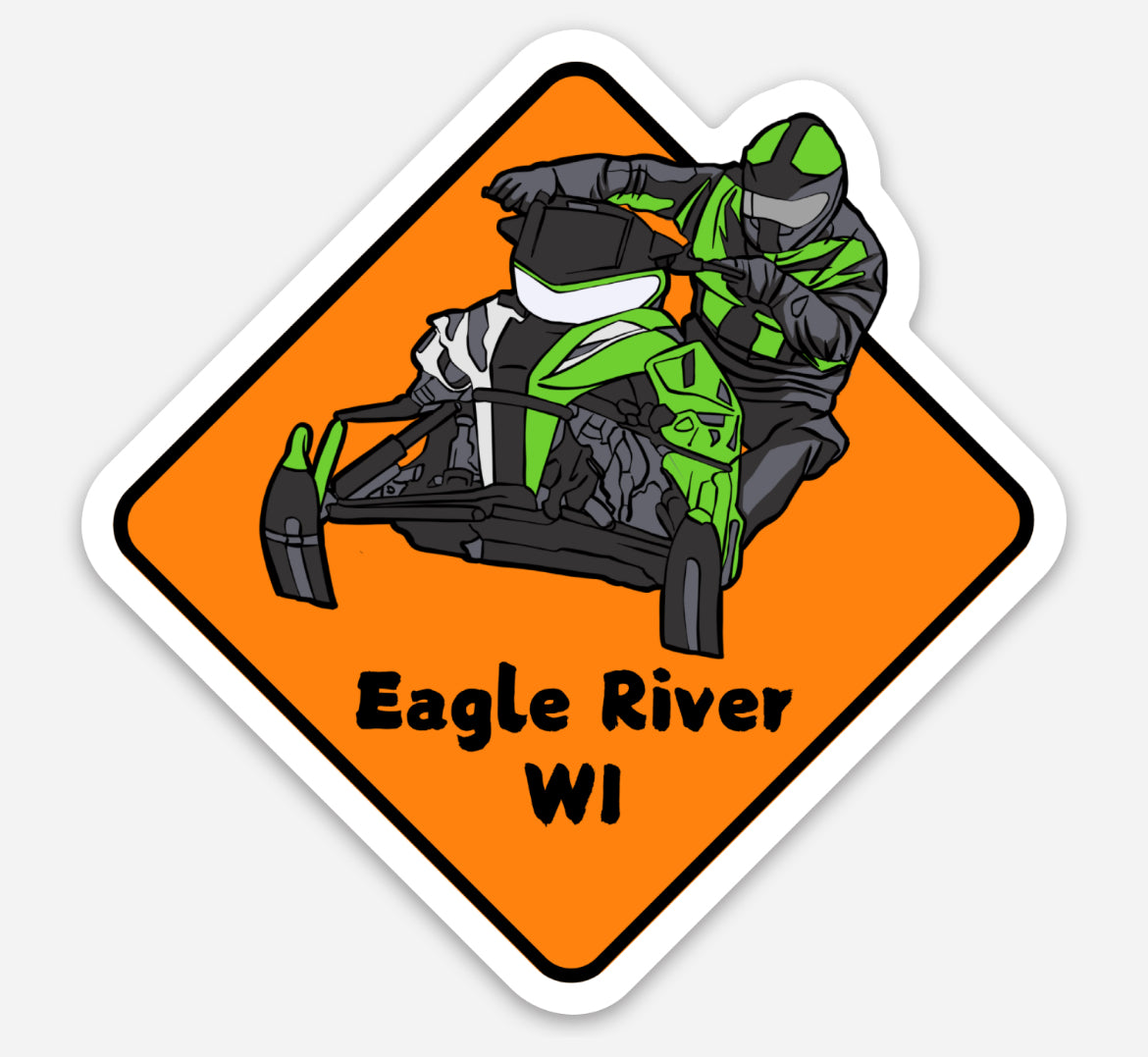 Orange snowmobile blaze symbol with snowmobile and rider image.
