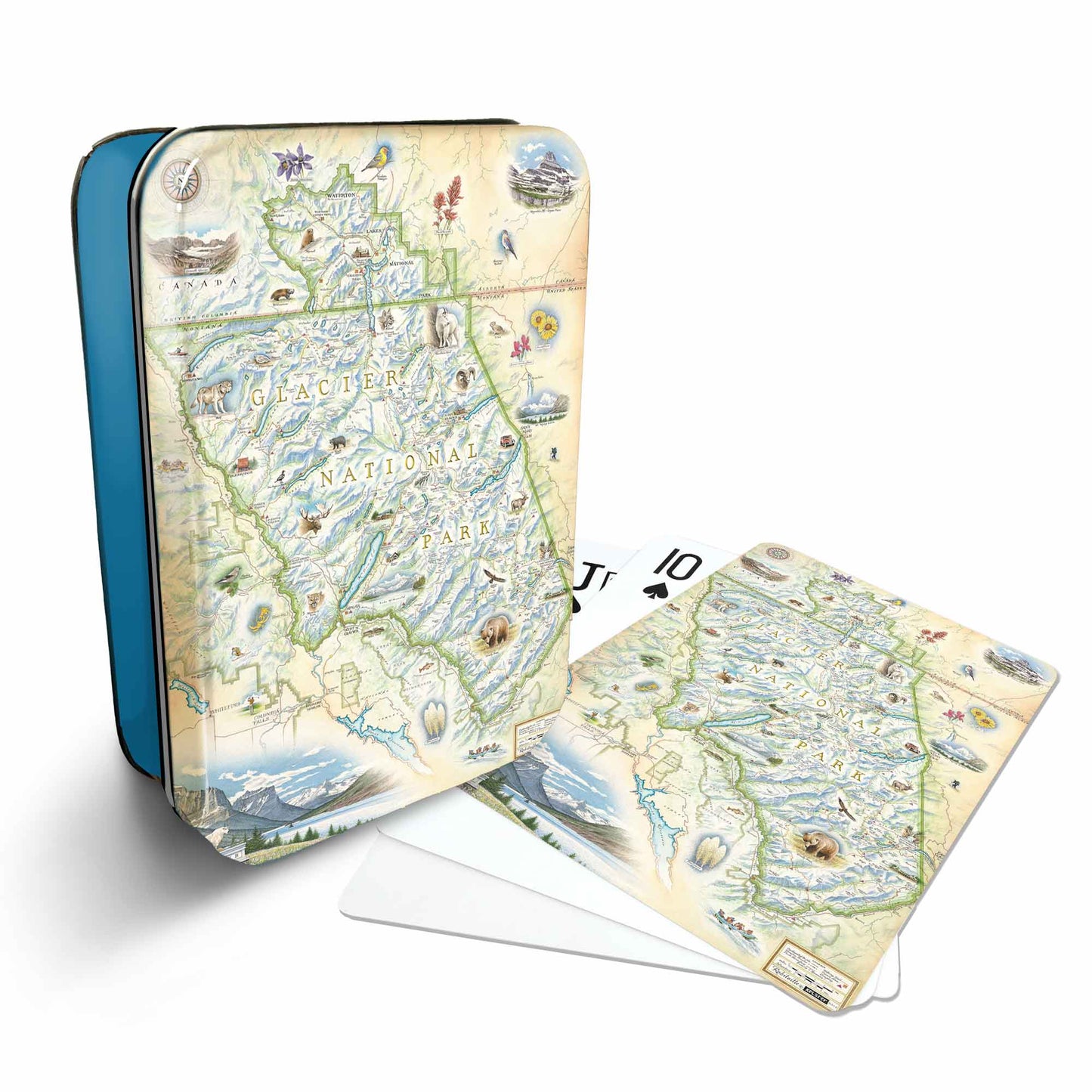 A set of playing cards featuring a vintage-style illustrated map of Glacier National Park, shown with a matching blue metal tin and two cards on a white background.