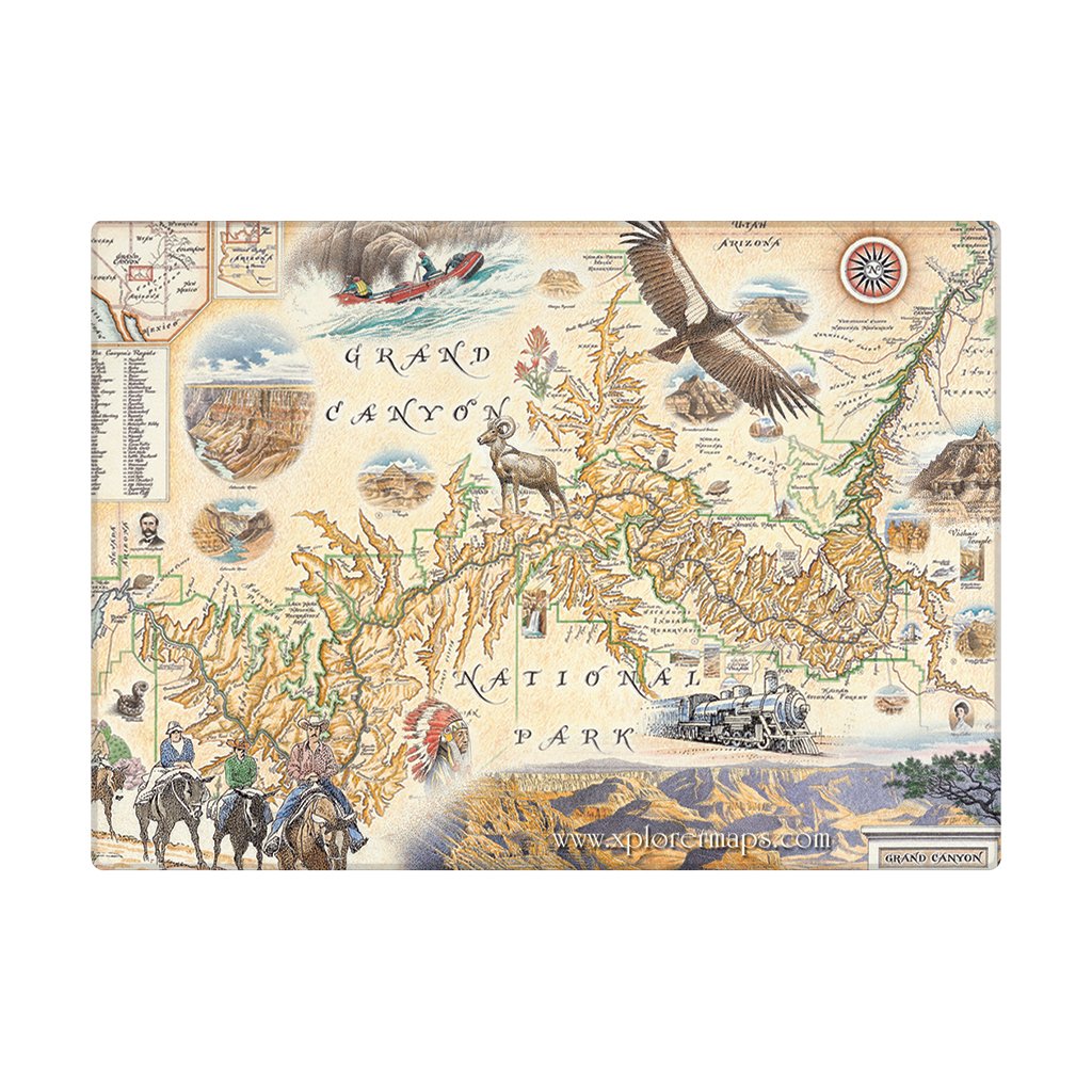 A rectangular map-style magnet of Grand Canyon National Park featuring illustrated scenes, labels, rivers, roads, and vintage travel elements on an aged beige background, shown against a plain white backdrop.