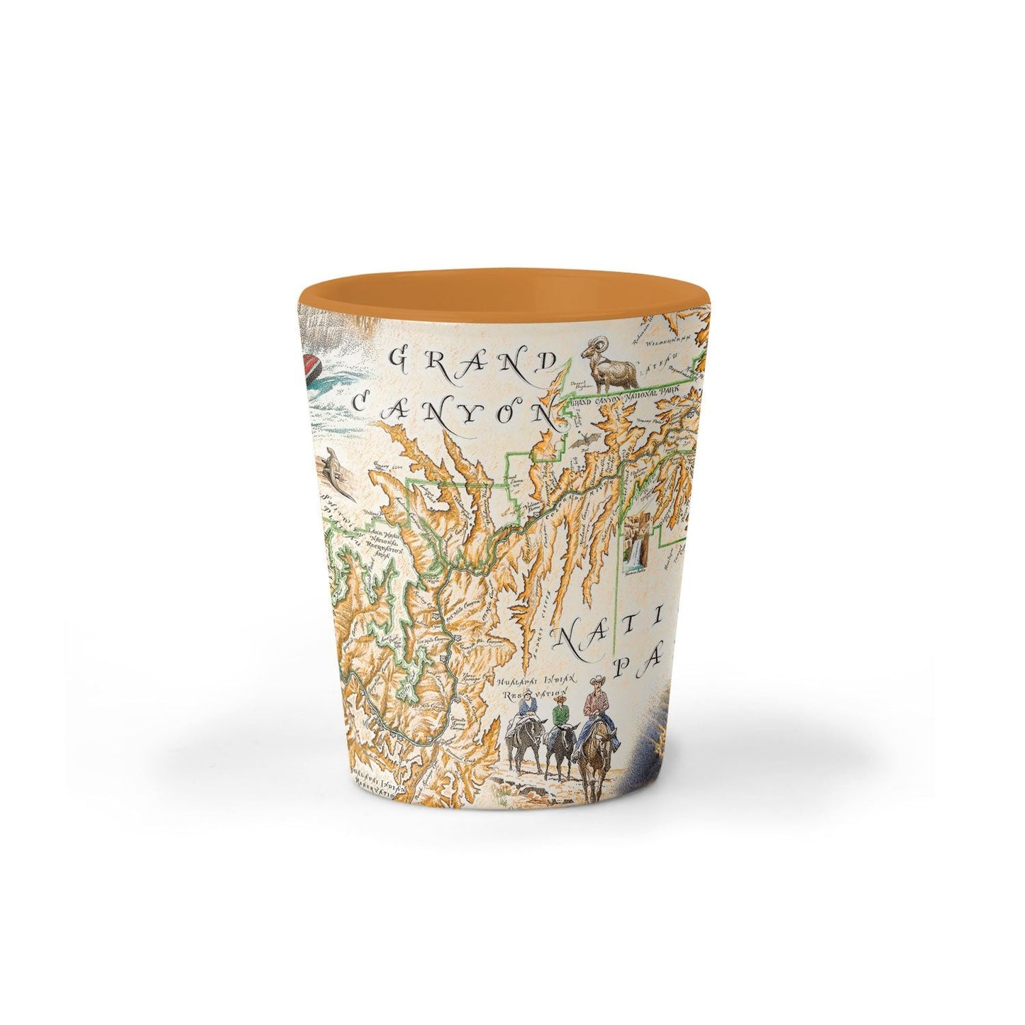 A tapered shot glass featuring an antique-style map print of Grand Canyon National Park, with a solid terracotta orange interior, shown on a clean white background.