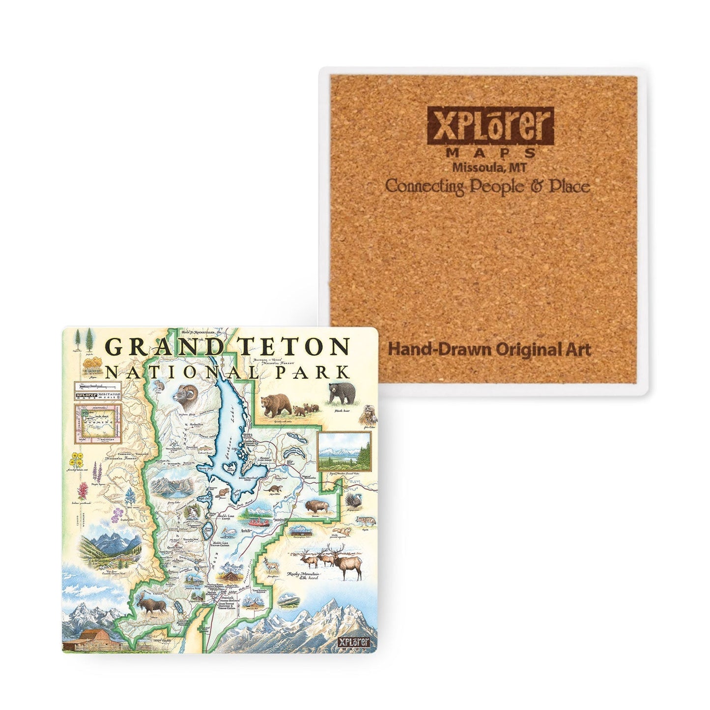 Two square coasters shown on a white background: one with a colorful illustrated Grand Teton National Park map and one showing the backside of the coaster.