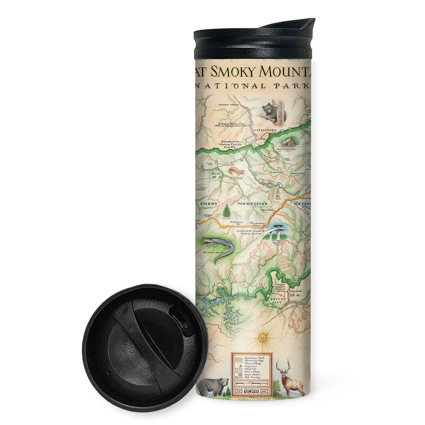A tall insulated travel tumbler with a black lid, featuring a vintage-style map print of Great Smoky Mountain National Park. The lid is shown detached and placed in front of the tumbler on a clean white background.