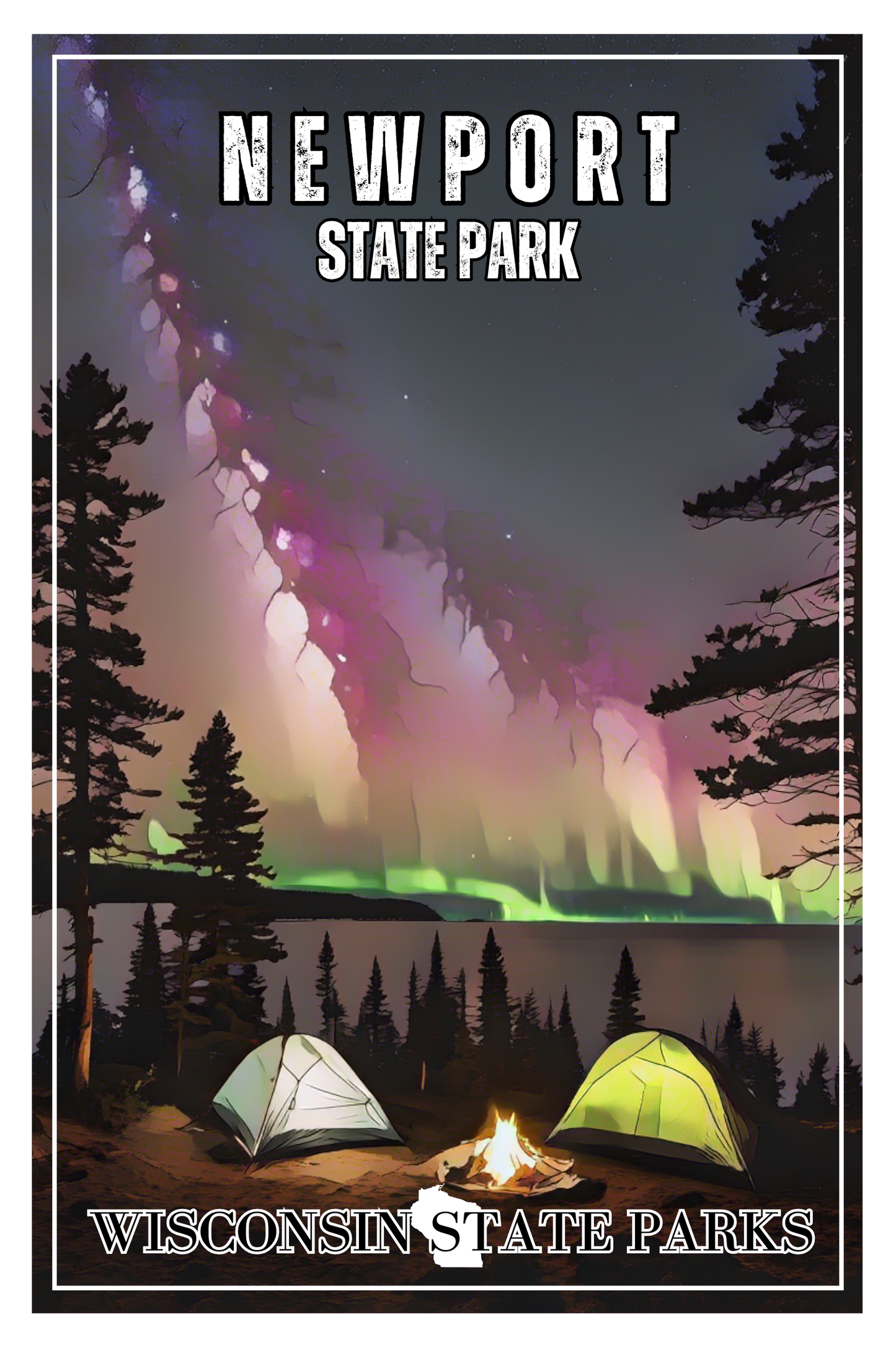 2x3” Newport State Park CCC magnet depicting camping under a starry sky.