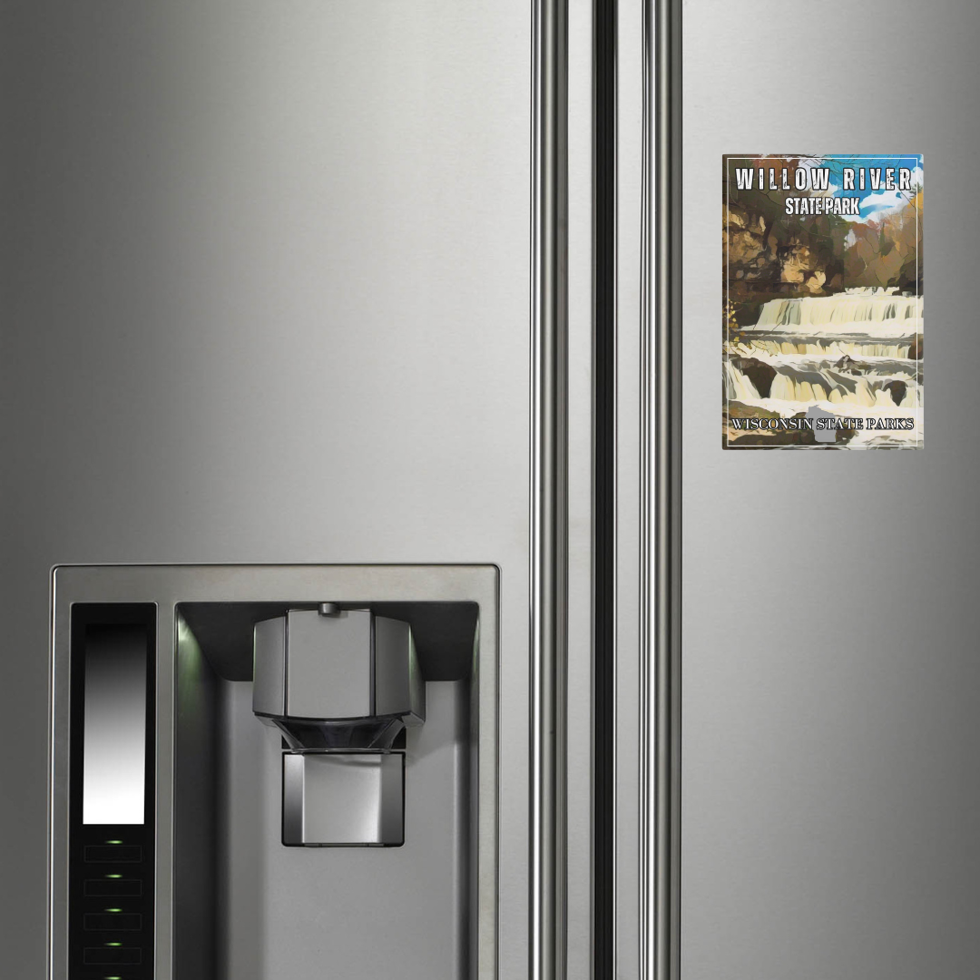 CCC inspired design of Willow River Falls cascading down over rocks. Photo of magnet on fridge.