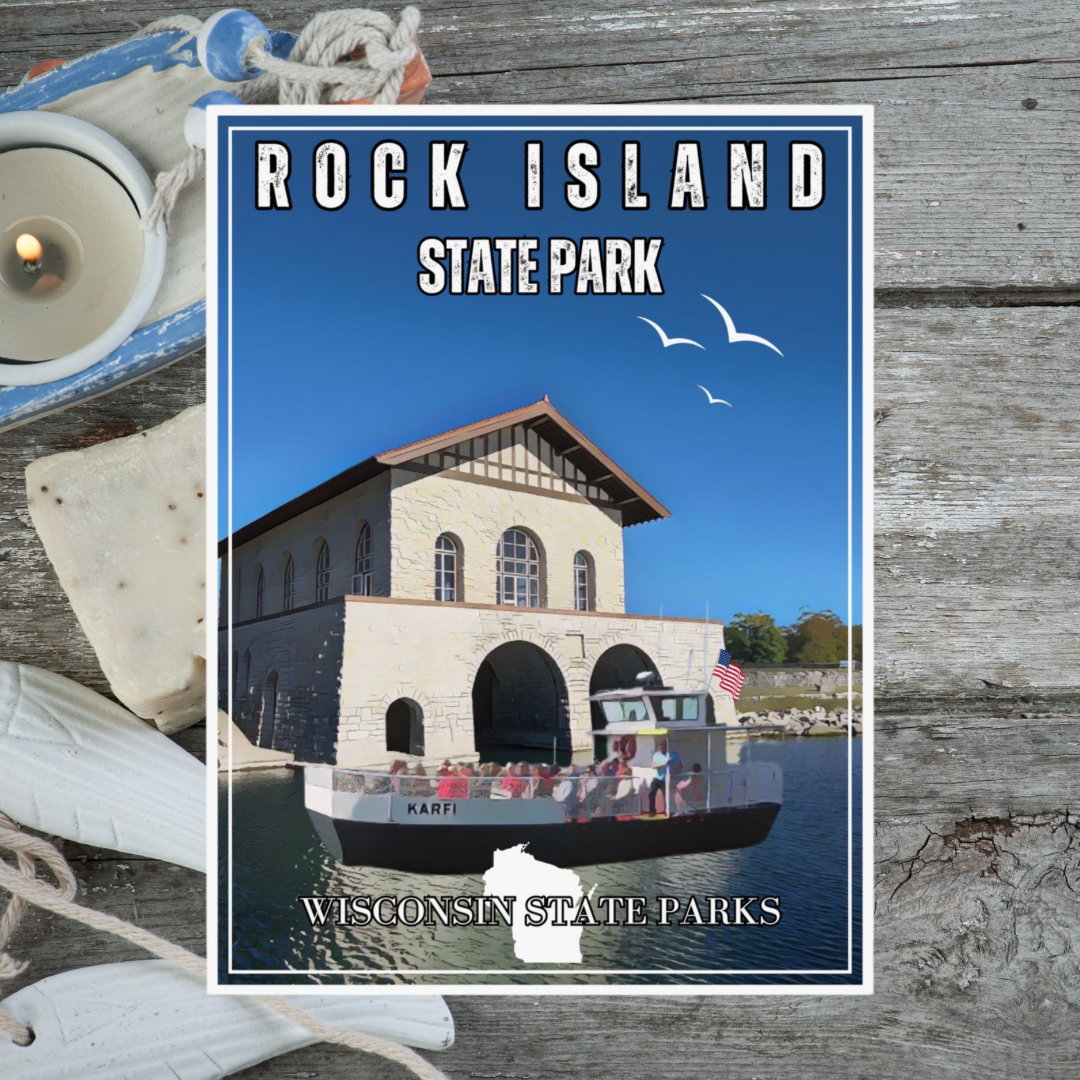 Vintage style poster depicting the Rock Island State Park boathouse and the Karfi passenger ferry. Photo background: rustic wood, candles and shells.