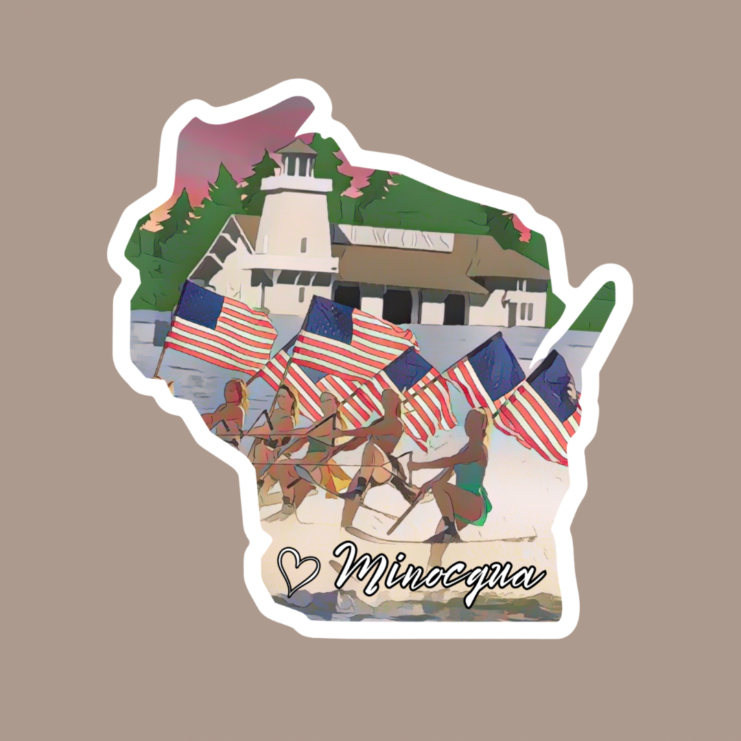 Wisconsin shaped sticker featuring water skiers holding American flags with the iconic Beacons resort.