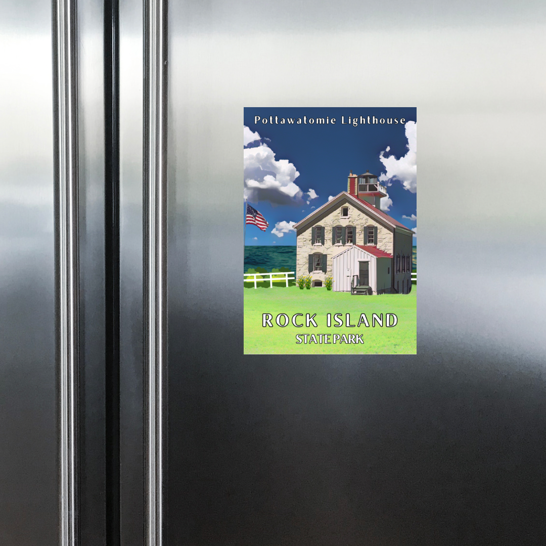 Graphical depiction of the Pottawatomie lighthouse on Rock Island. Photo background: stainless steel refrigerator doors.