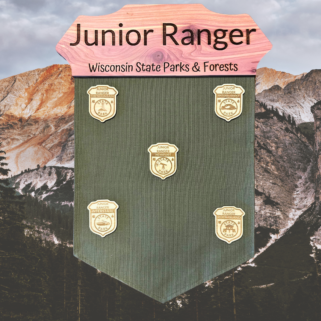 Jr. Ranger banner with cedar wood badge top and green duck canvas banner. Photo background: Mountains at twilight.