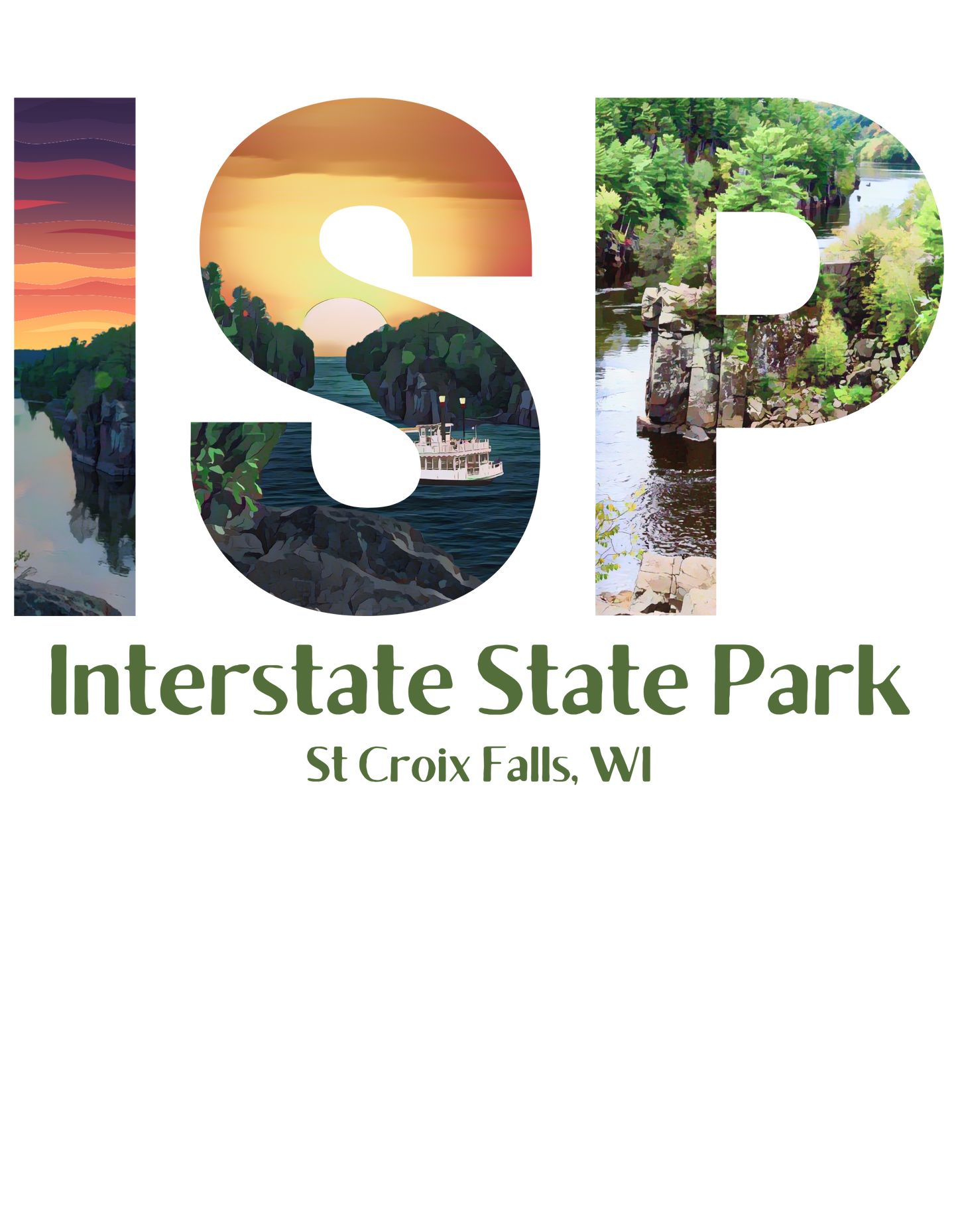 Closeup of ISP logo design with artistic prints and the text: Interstate State Park - St Croix Falls, WI”.