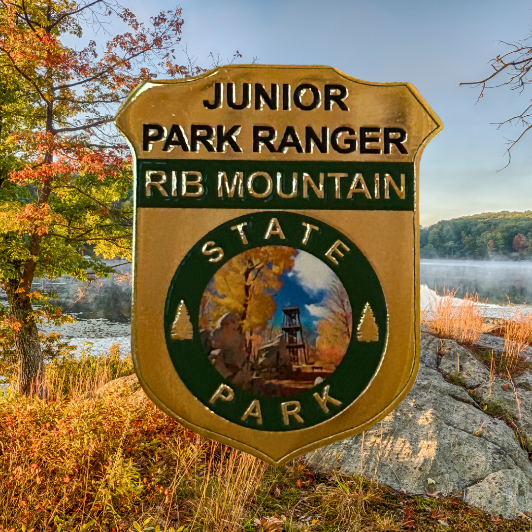Rib Mountain State Park Junior Park Ranger badge depicting the observation tower and fall leaf colors. Photo background: trees in fall leaf color around a calm lake.