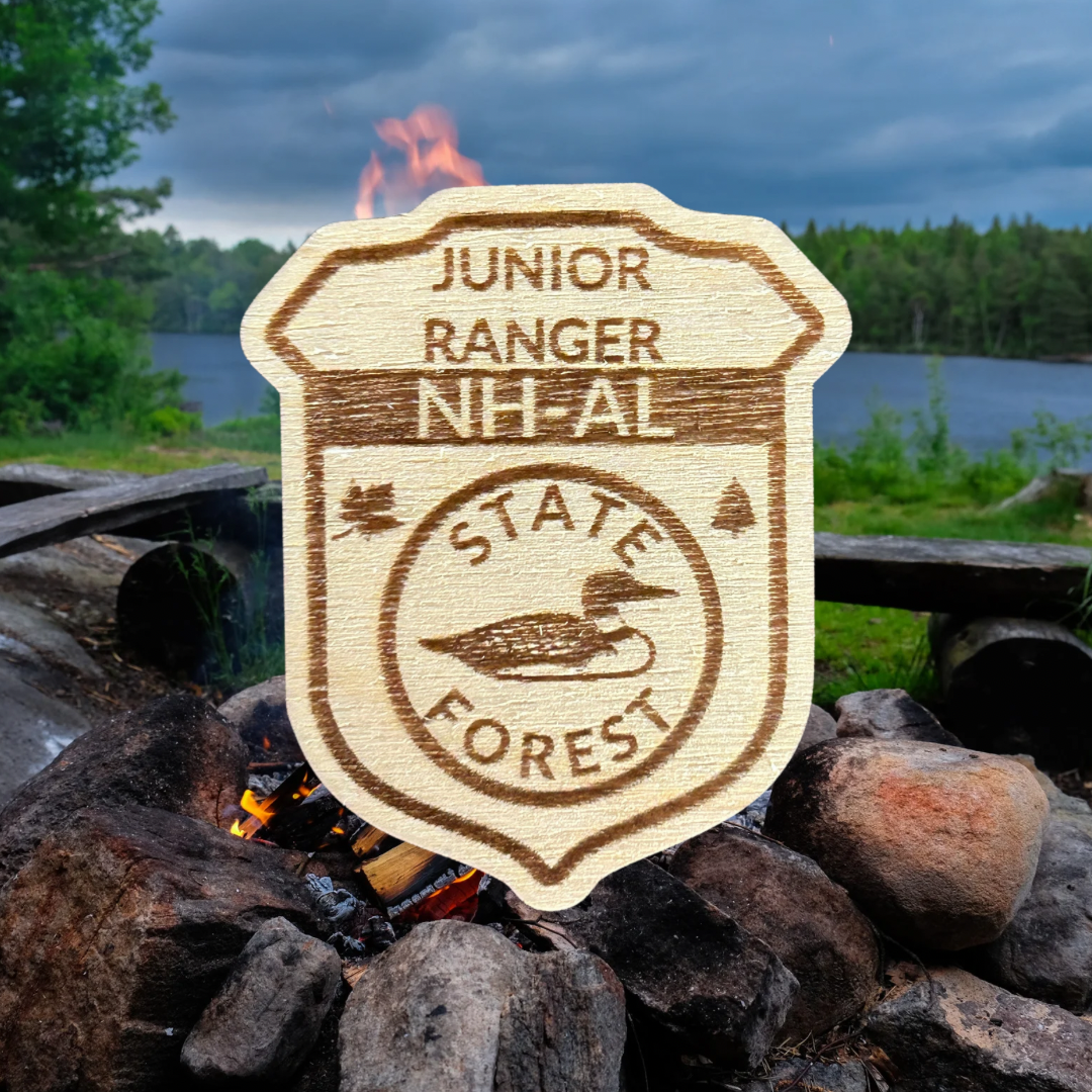 Wood Jr Ranger badge depicting a Loon and the text Junior Ranger NHAL State Forest. Photo background: campfire along the lake shore.