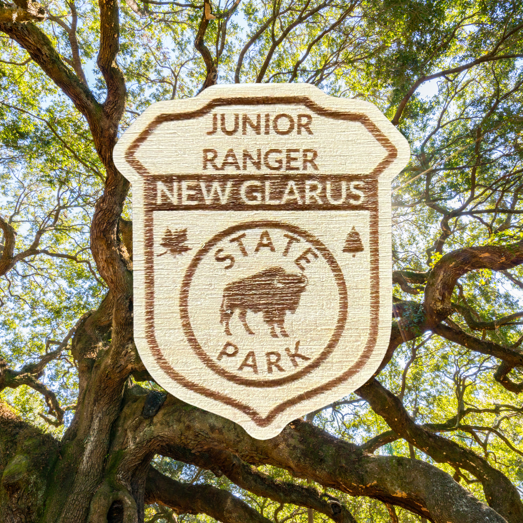 Wood Jr Ranger Badge featuring a bison and the text New Glarus State Park. Photo background: oak tree.