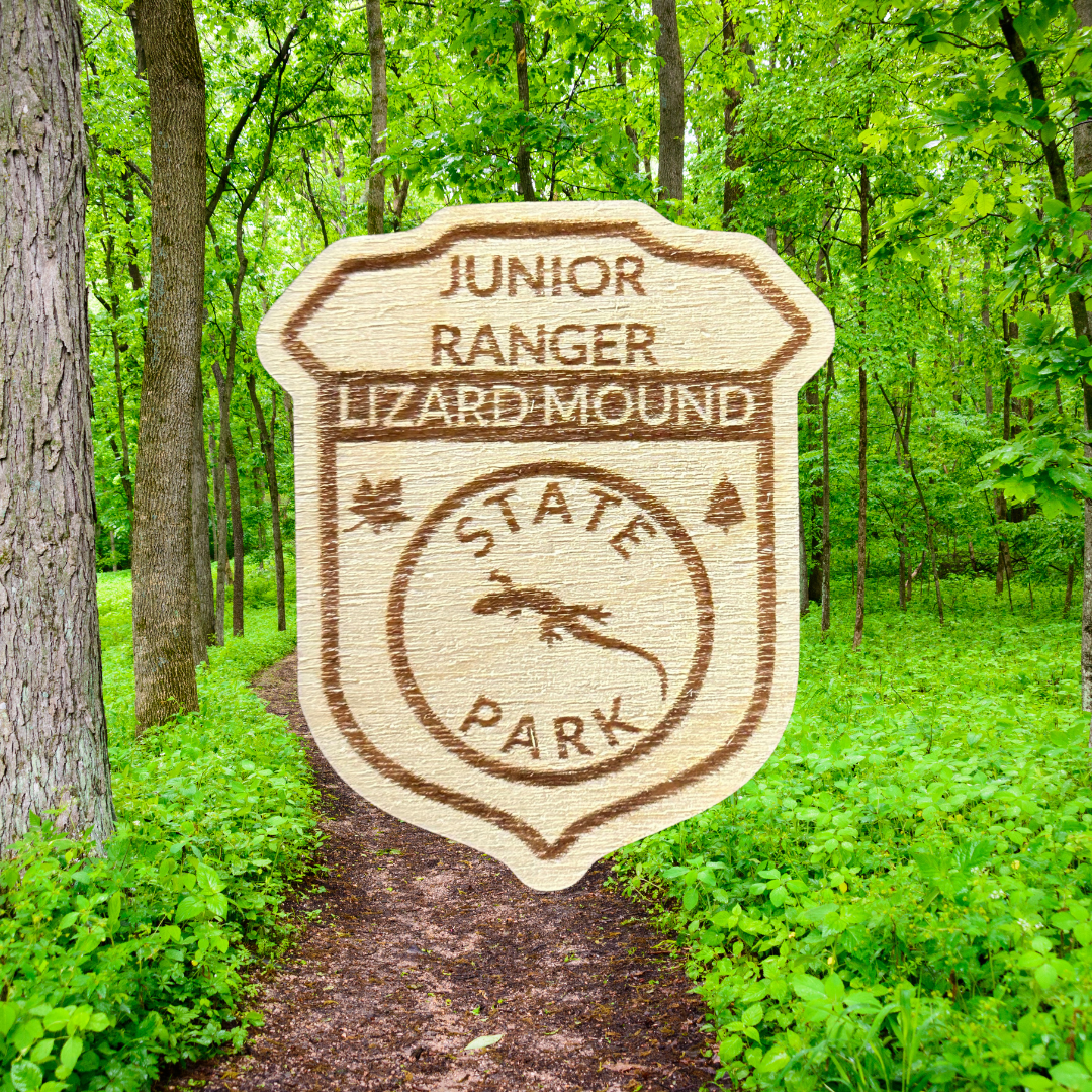 Wood Shaped badge with the text “Junior Ranger Lizard Mound State Park” and lizard symbol. Photo background: trail through a lush green woods.