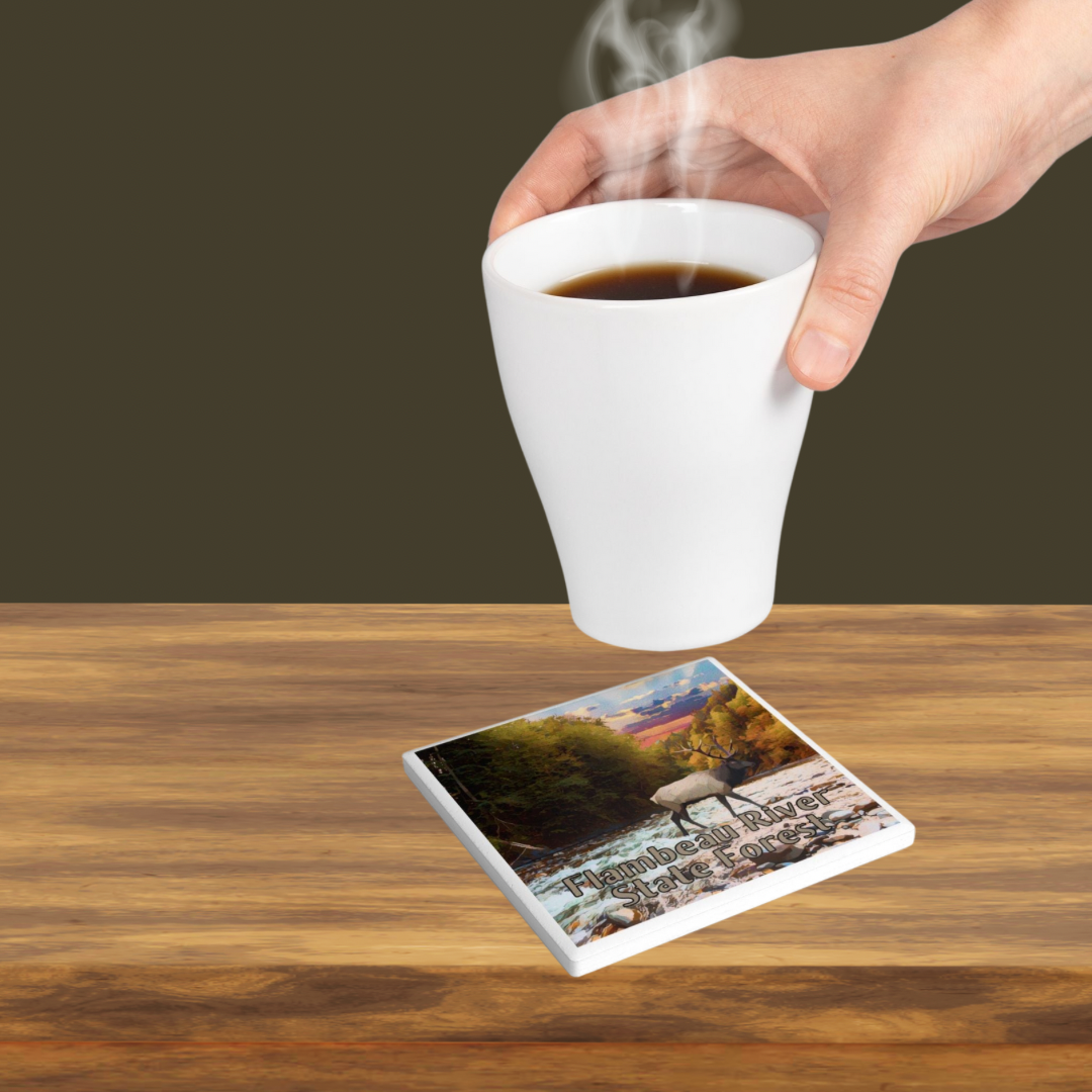 Coaster depicting an elk crossing a river at sunset. Photo background: coaster on table with person setting a drink down on it.