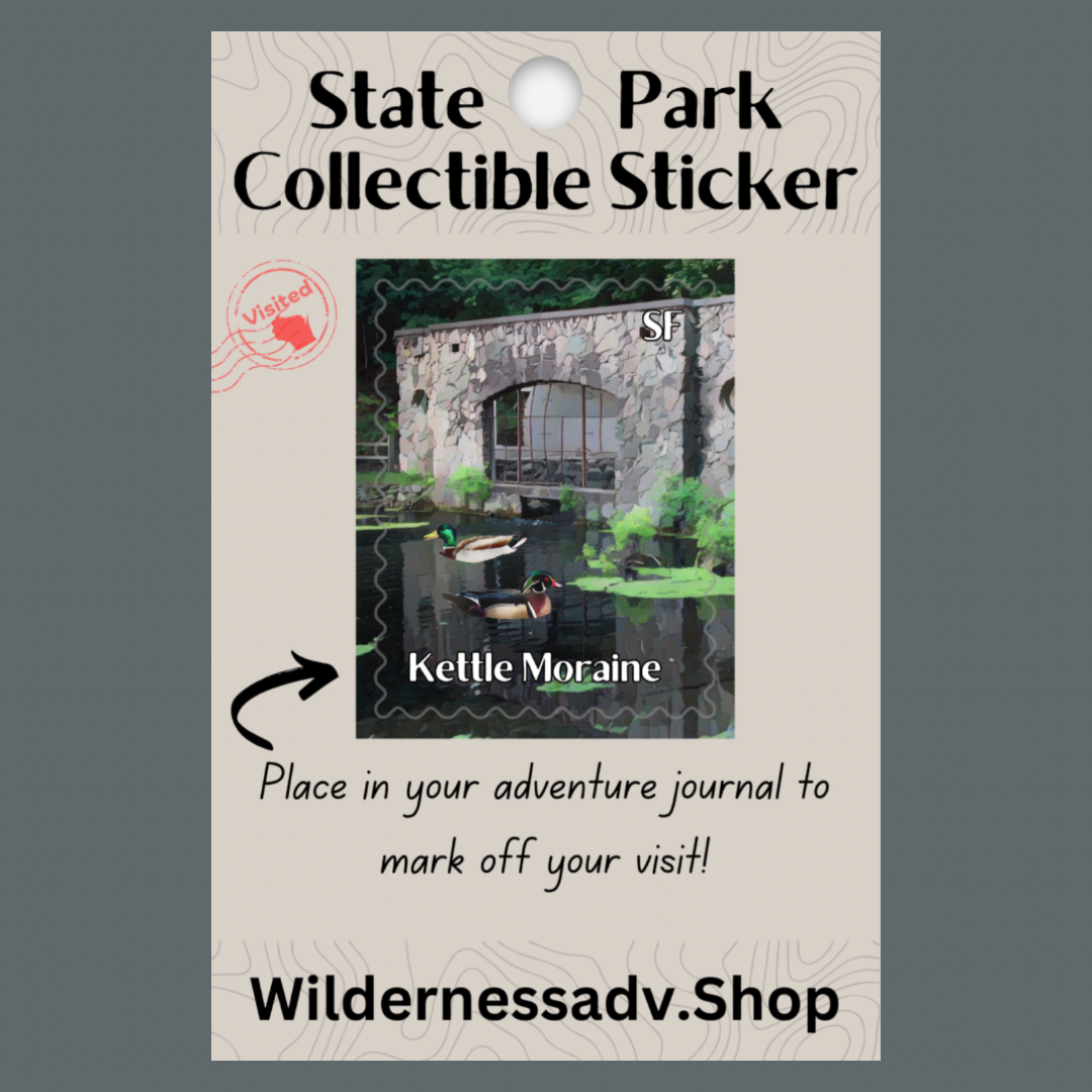 Sticker for Wisconsin State Park Adventure Journal depicting a stone spring house on a pond with ducks swimming.