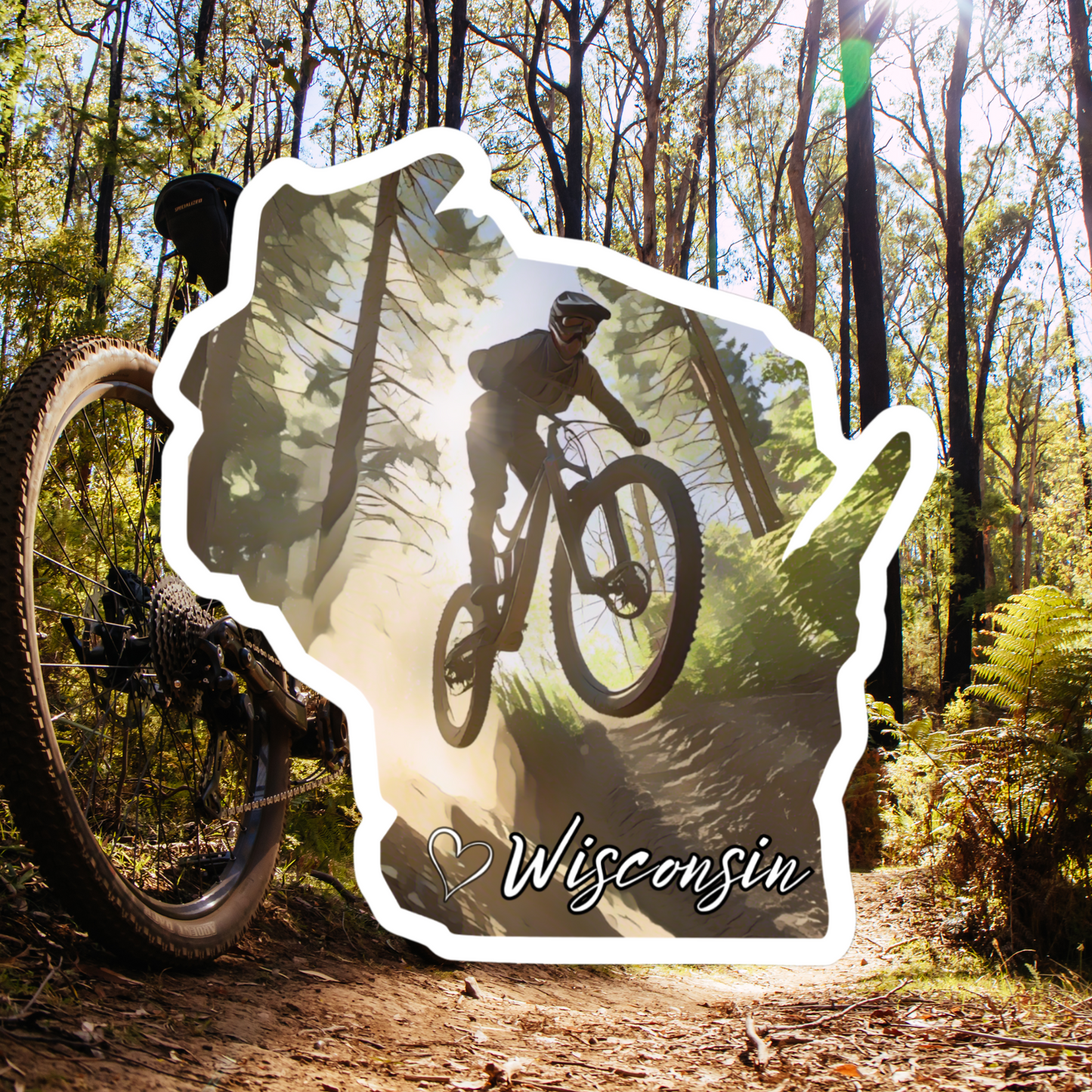 Wisconsin shaped sticker depicting a mountain biker, going down a wooded trail. Photo background depicts a mountain bike alongside a trail.