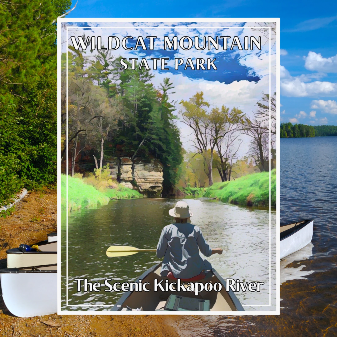 Poster featuring a canoeist paddling down a scenic river lined with trees and rock outcroppings. Photo background: canoes pulled up on a sandy beach along a wooded lake shoreline.
