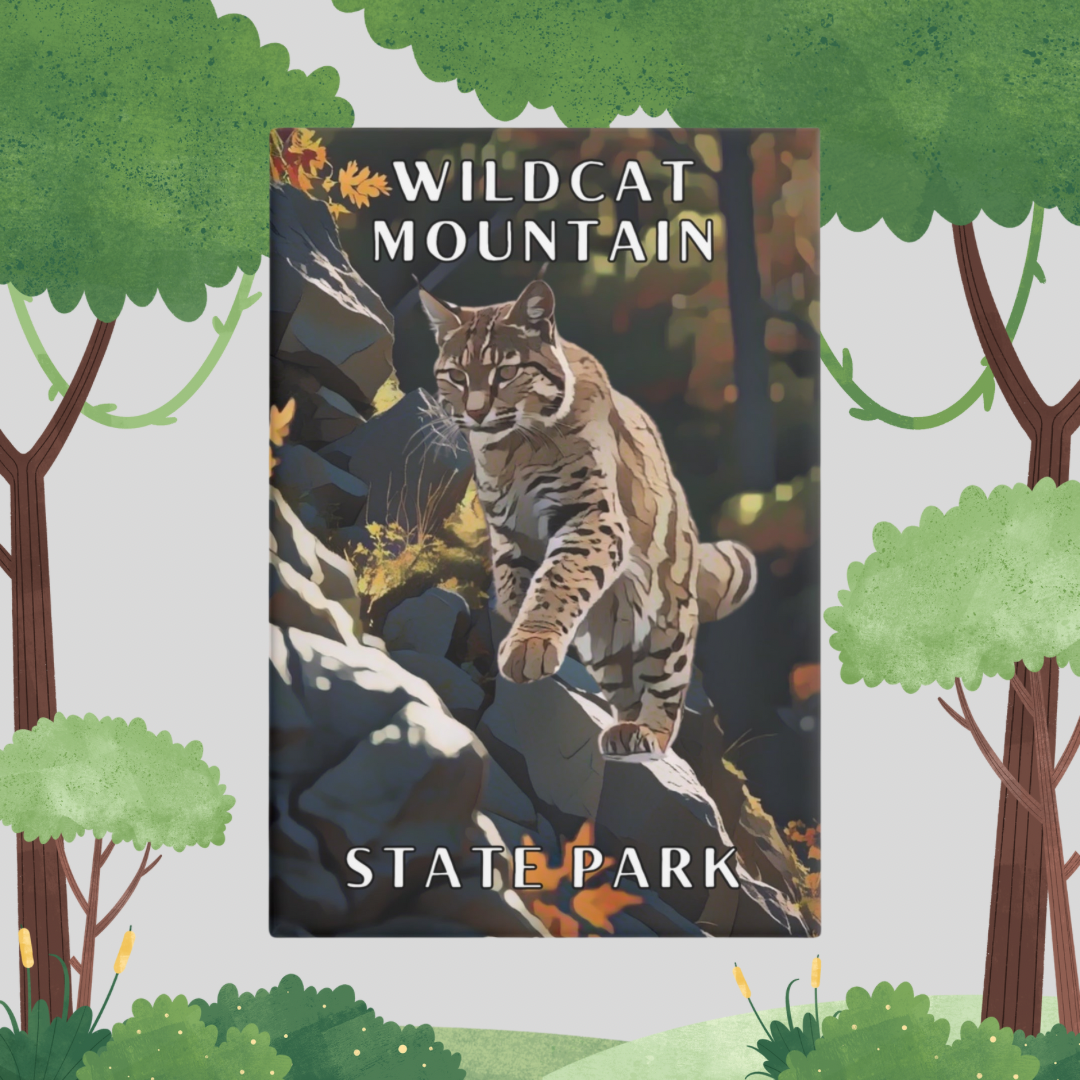 2x3” Button magnet featuring a Bobcat climbing on a rocky slope and the text: Wildcat Mountain State Park. Photo Background: clip art trees.