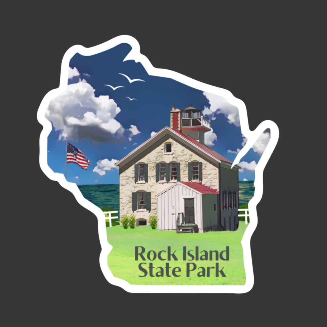 Wisconsin shaped sticker featuring the historic Pottawatomie Lighthouse situated along a coastal shore.