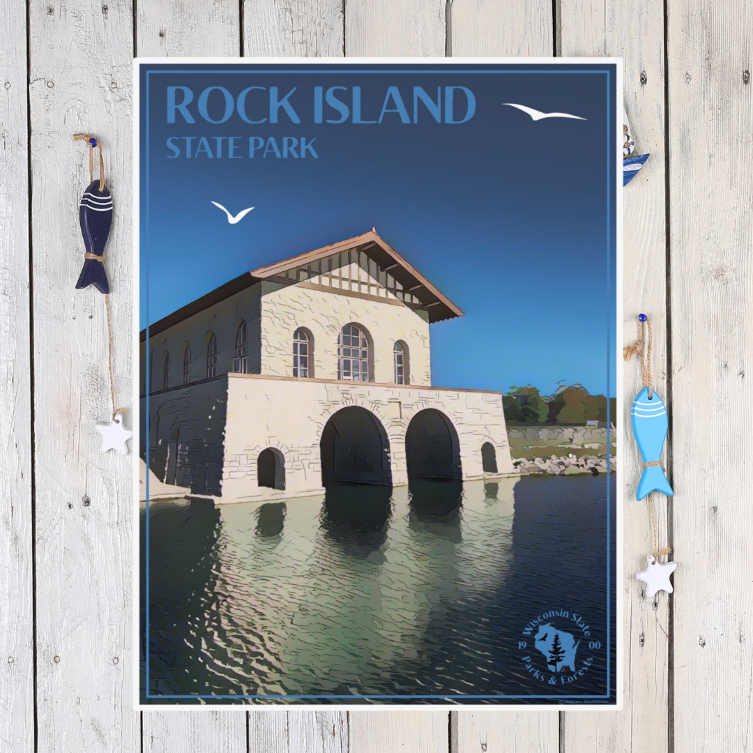 Poster depicting the rock boathouse at Rock Island State Park with seagulls flying above, and the text Rock Island State Park. Photo Background: white shiplap wall and nautical themed decor.