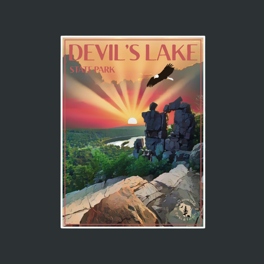 Poster featuring a majestic sunset over Devil’s Lake and Devil’s Doorway with an eagle flying above. phot background: dark slate gray.