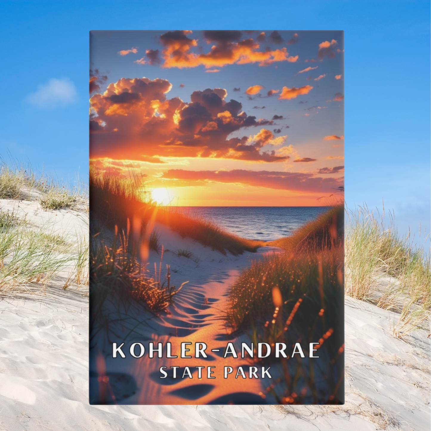 2x3” button magnet featuring a vibrant sunrise through the dunes over Lake Michigan. Photo background: looking out over a dune to a lake.