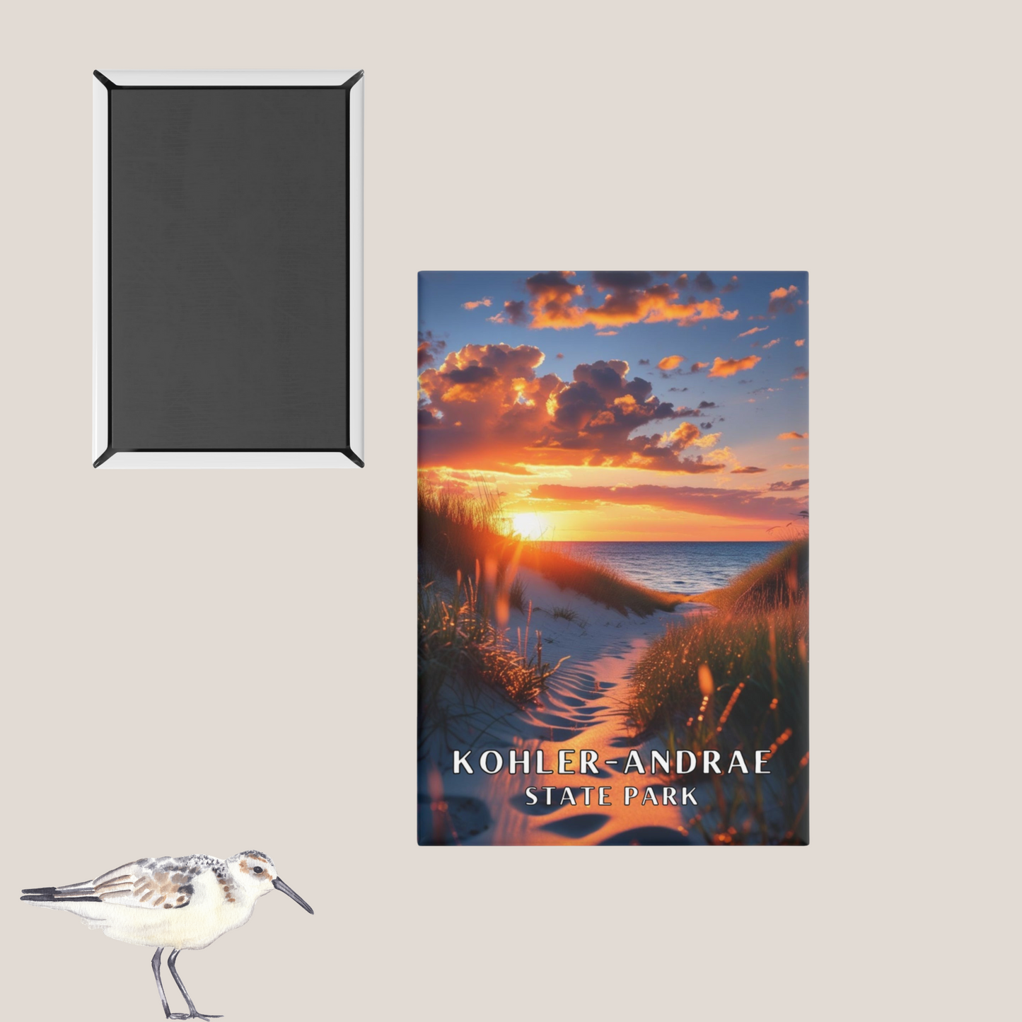 2x3” button magnet featuring a vibrant sunrise through the dunes over Lake Michigan. Photo displays front and reverse sides of the magnet.
