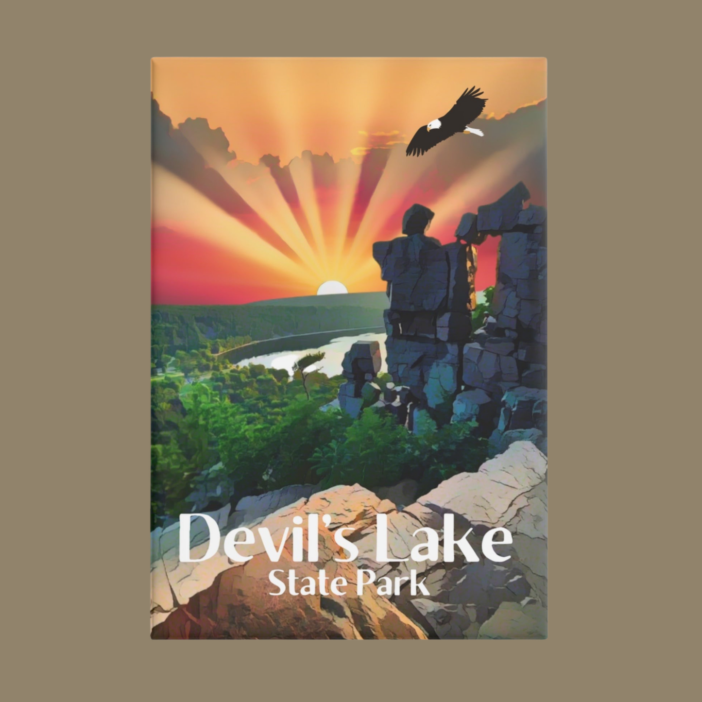 Magnet design featuring a Sunset over Devil’s Lake and devils doorway with a bald eagle flying above.