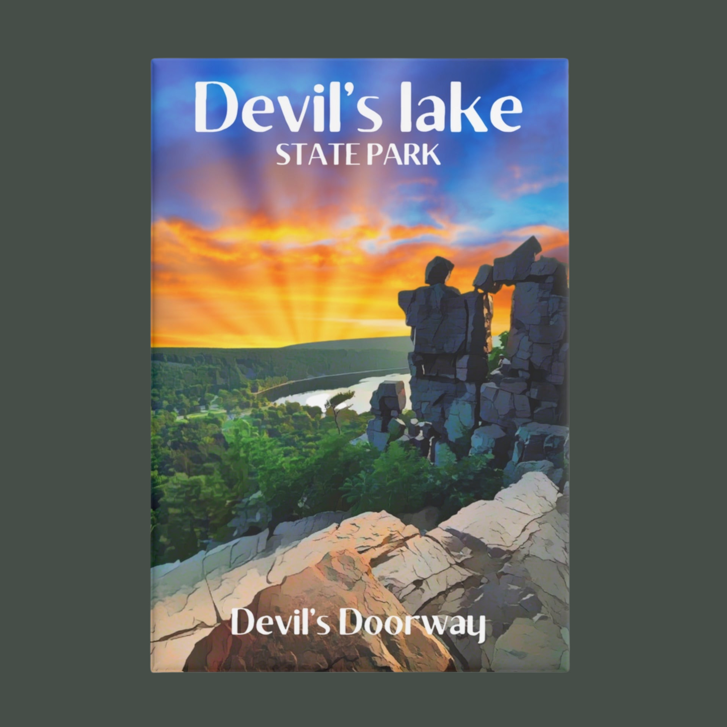 Magnet featuring a design of Devil’s doorway against a vibrant sunset.