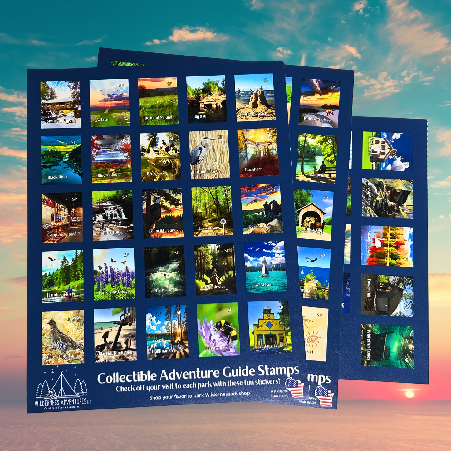 Three dark blue sticker sheets of stamp shaped decals for the Wisconsin State Parks, Forests, and Trails Adventure Guide. Photo background: colorful sunset over a vast body of water.