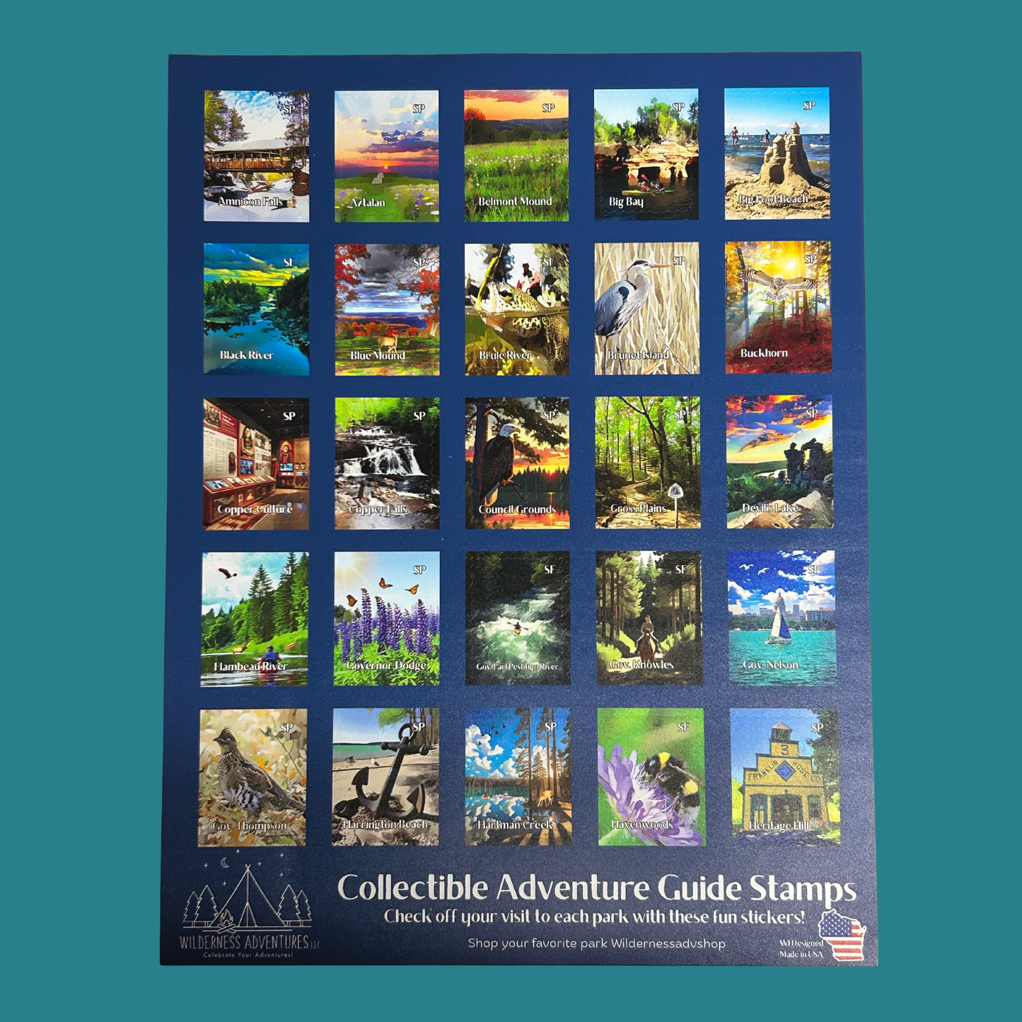 A dark blue sticker sheet of 25 stamp shaped decals for the Wisconsin State Parks, Forests, and Trails Adventure Guide.