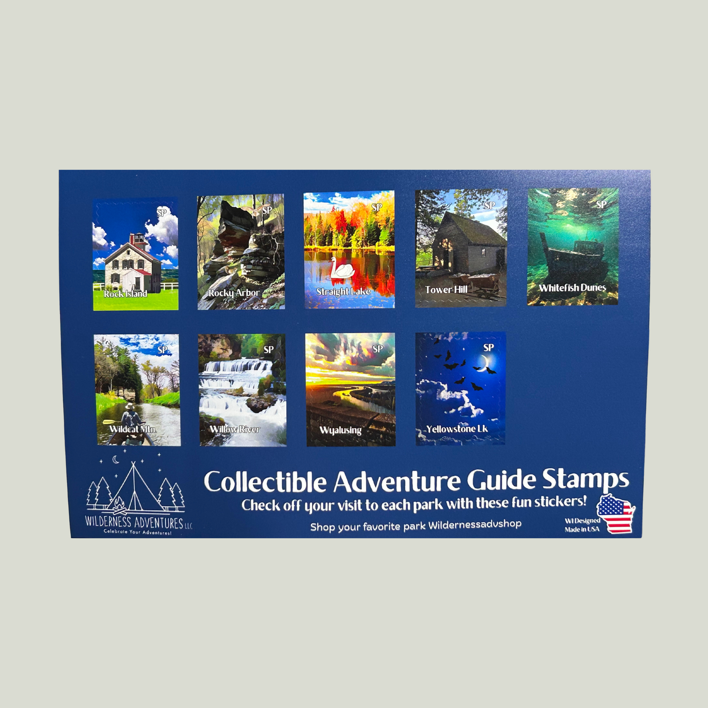 A dark blue sticker sheet of 9 stamp shaped decals for the Wisconsin State Parks, Forests, and Trails Adventure Guide.