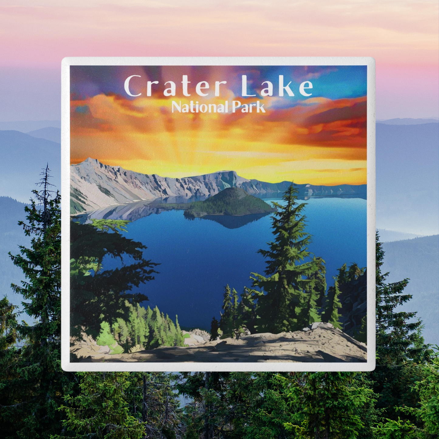 Ceramic coaster featuring a design of a vivid sunset over crater Lake and the text crater Lake national park. photo background: colorful sky over fogged in mountains with pine trees in the foreground.