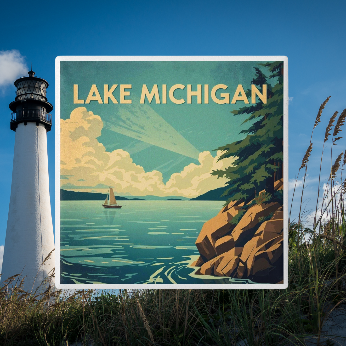 Ceramic coaster design featuring a rocky shoreline with trees and a vast lake with a sail boat, blue sky with white clouds and the text Lake Michigan. Photo Background: a tall white lighthouse surrounded by tall grasses.