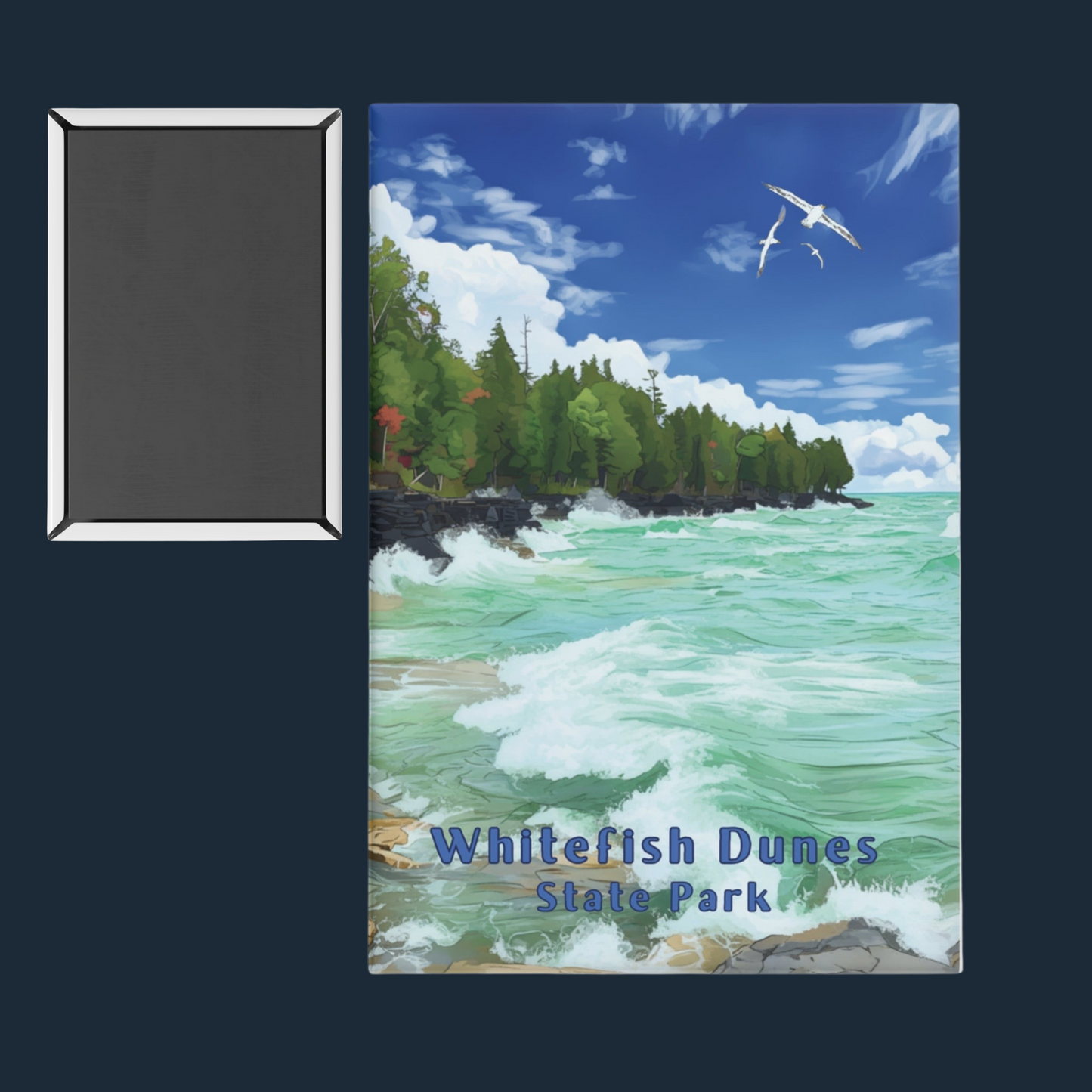 2x3” button magnet featuring a rocky shoreline with waves crashing against the rocks and the text: Whitefish Dunes State Park. Also a image of the backside of the magnet. Photo background: dark navy colored background.