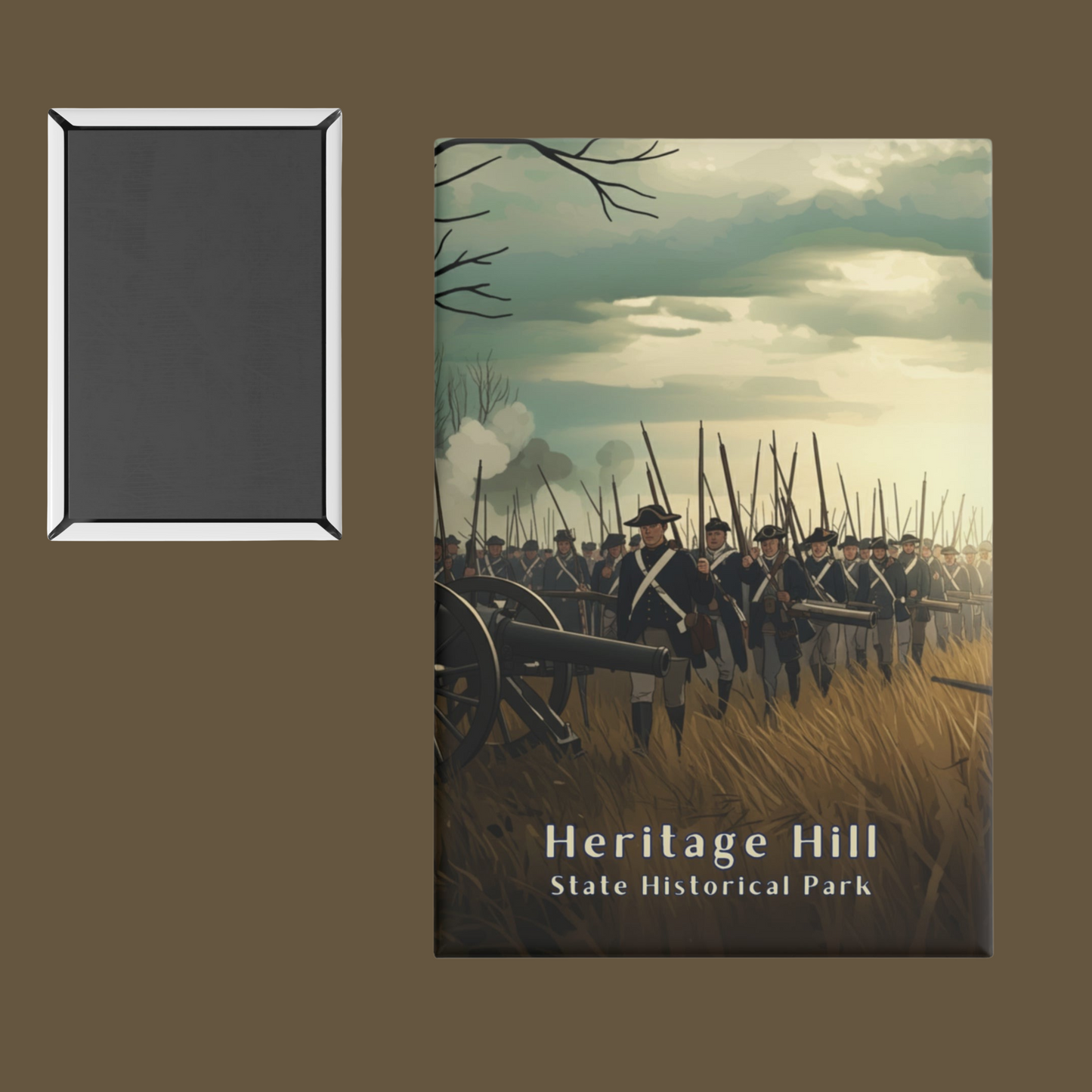 Button magnet featuring soldiers marching through a Smokey battlefield. Features the text Heritage Hill State Historical Park. Photo depicts both the front and back of the magnet against a brown background.