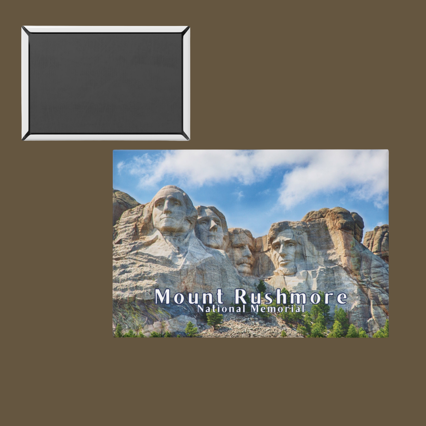 Button magnet design featuring Mount Rushmore and the text Mount Rushmore National Memorial. Photo background: front and back of magnet pictured against a brown background.