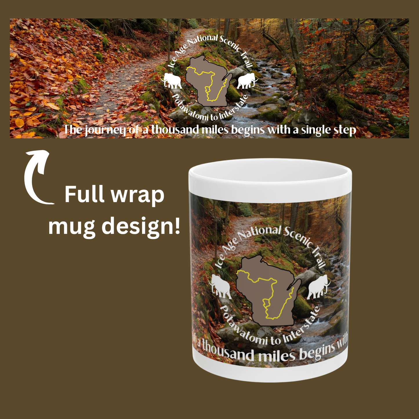 Mug with Ice Age National Scenic Trail design on a brown background