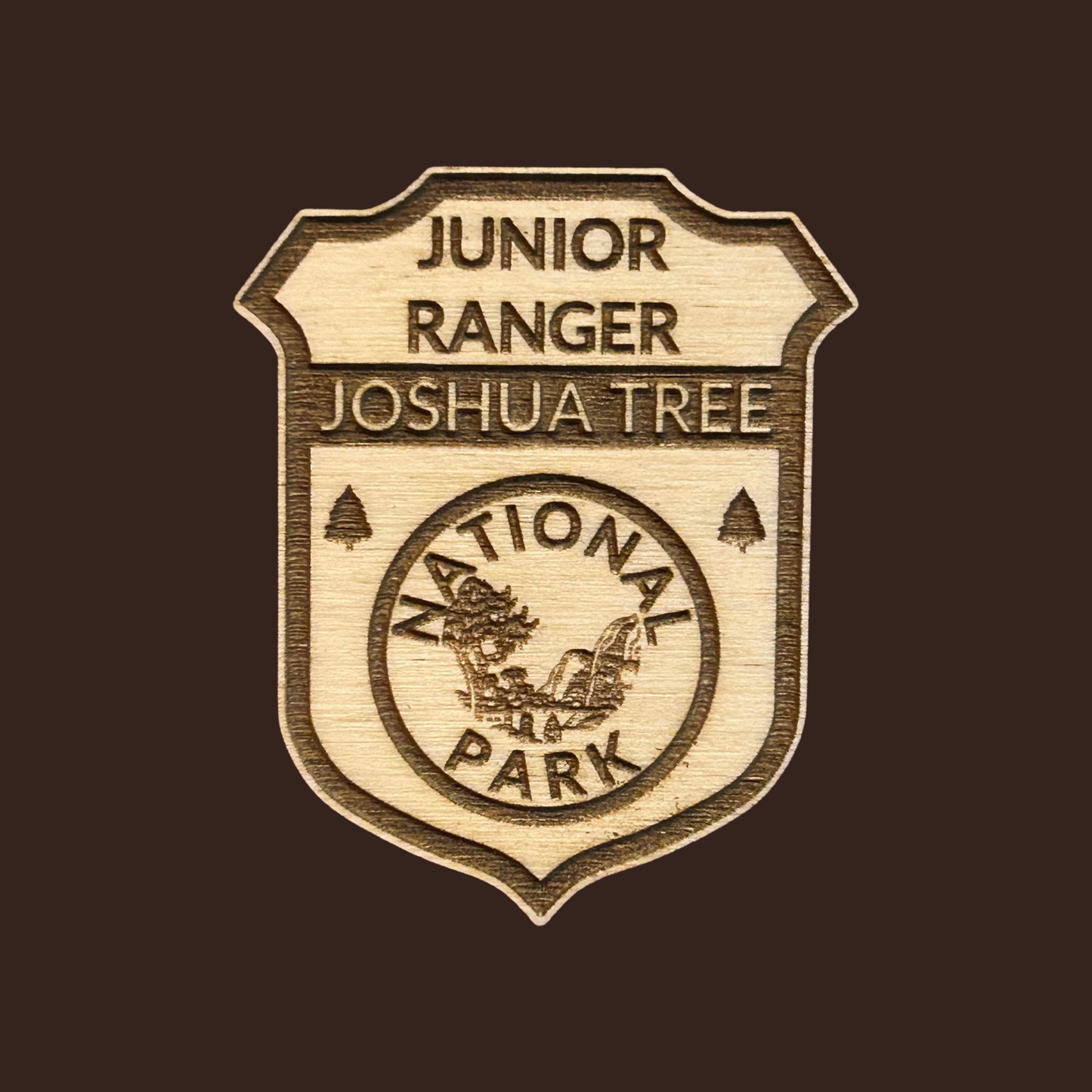 Junior Ranger badge for Joshua Tree National Park on a dark brown background