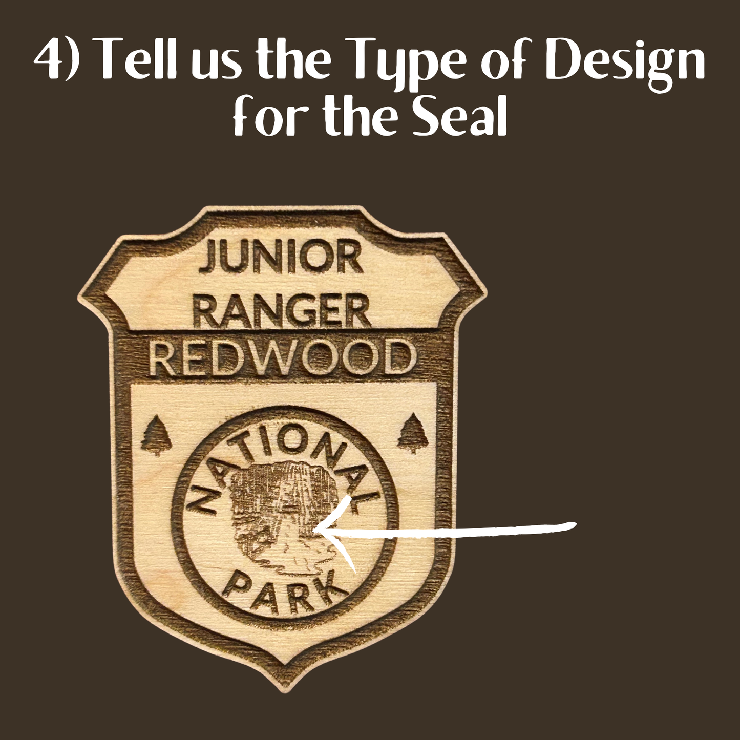 Wooden badge with 'Junior Ranger Redwood National Park' text on a brown background. Image indicates text that is customizable.